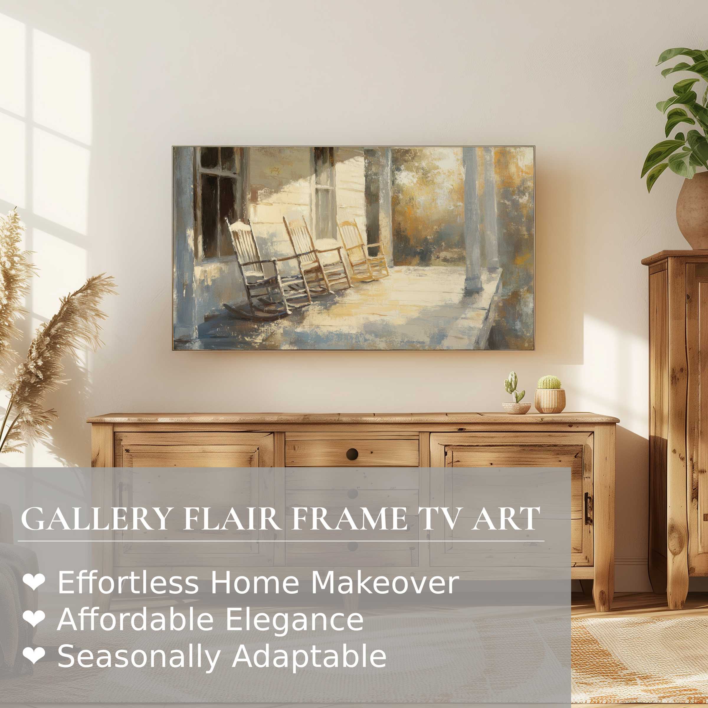 Samsung Frame TV displaying farmhouse digital artwork of sunlit rocking chairs on a rustic porch, evoking timeless charm
