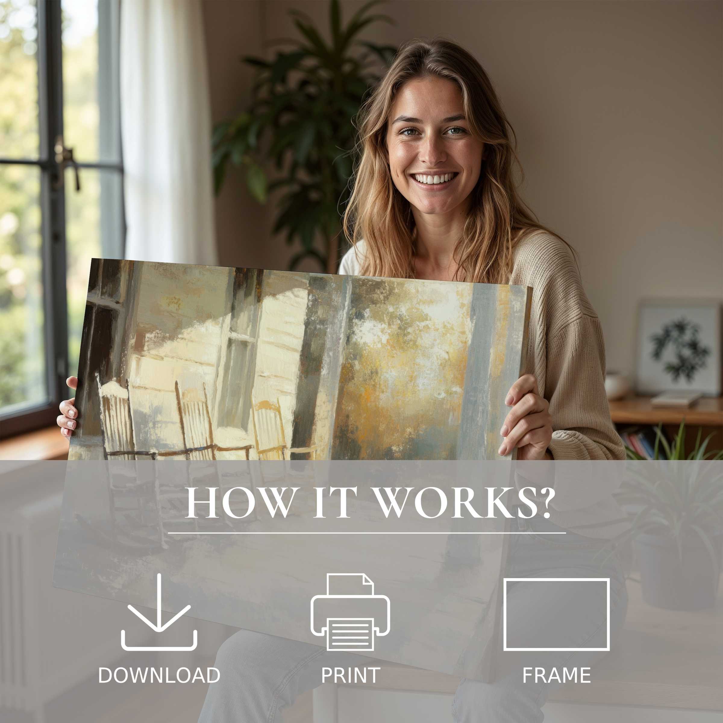 Woman radiates joy in a modern home, embracing the warmth and timeless charm of a farmhouse digital art print