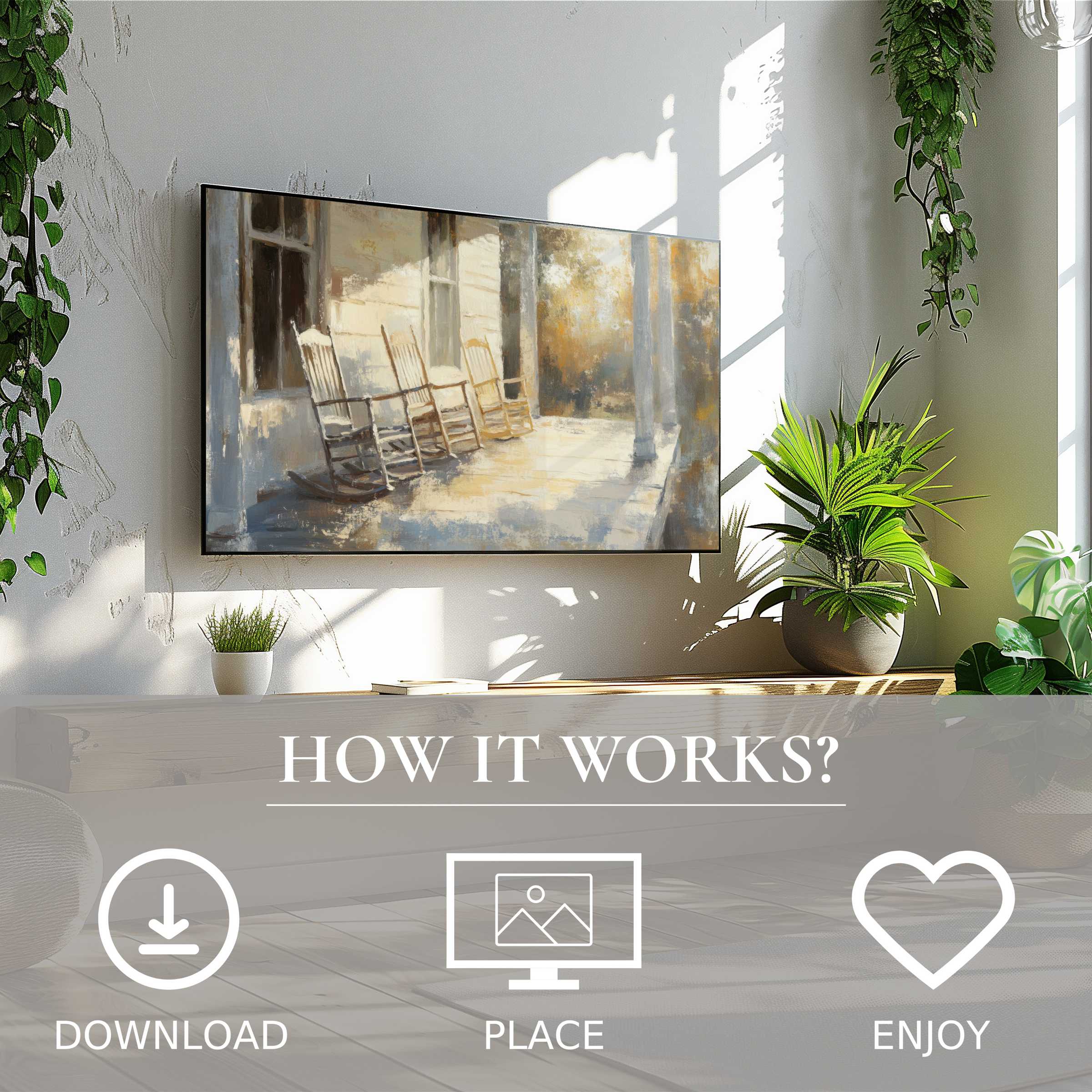 Farmhouse art for Samsung TV showing soft sunset tones on The Frame, easy digital download enriches any living space