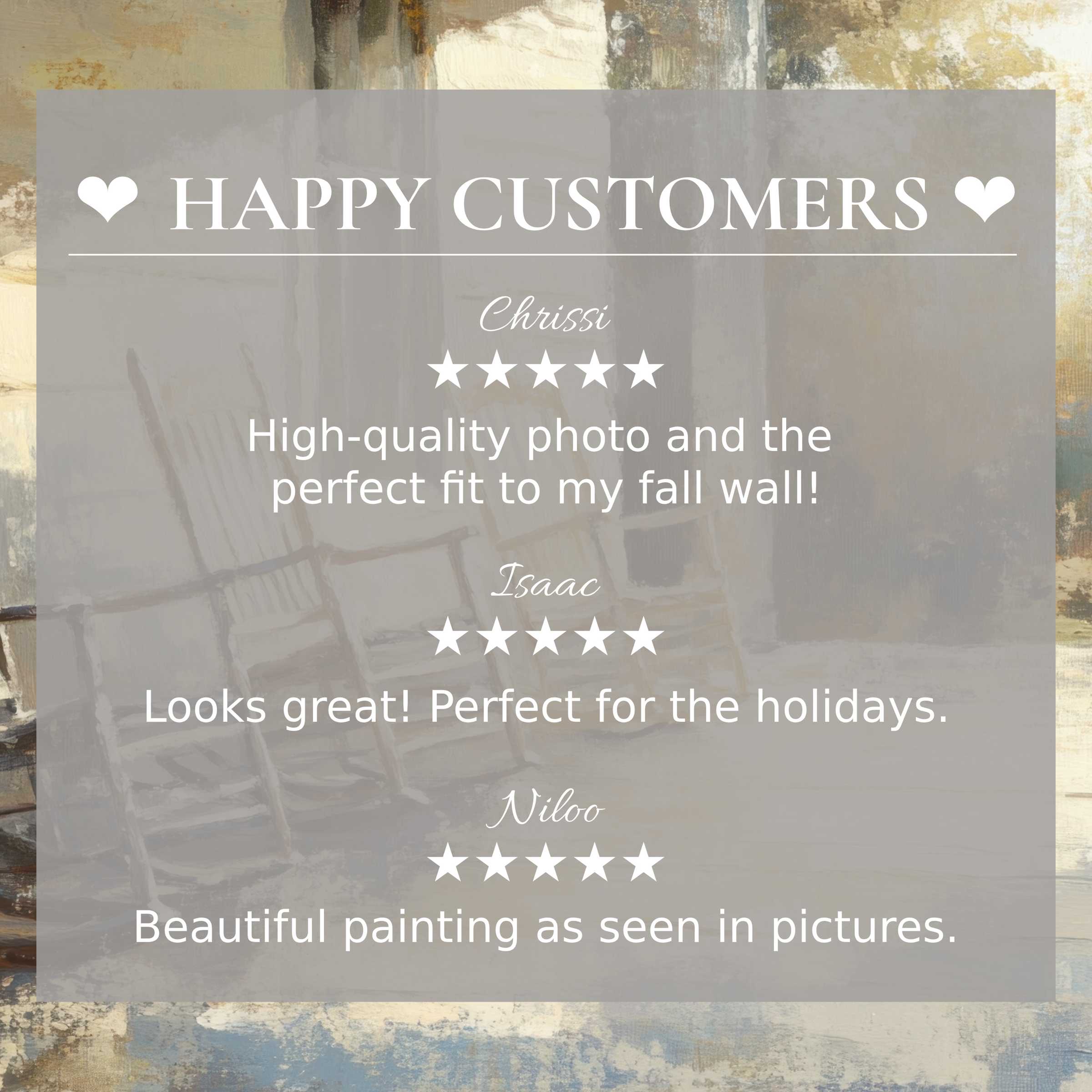 Farmhouse art for Frame TV with abstract warm hues, showcasing happy customer reviews and elegant, trustworthy design