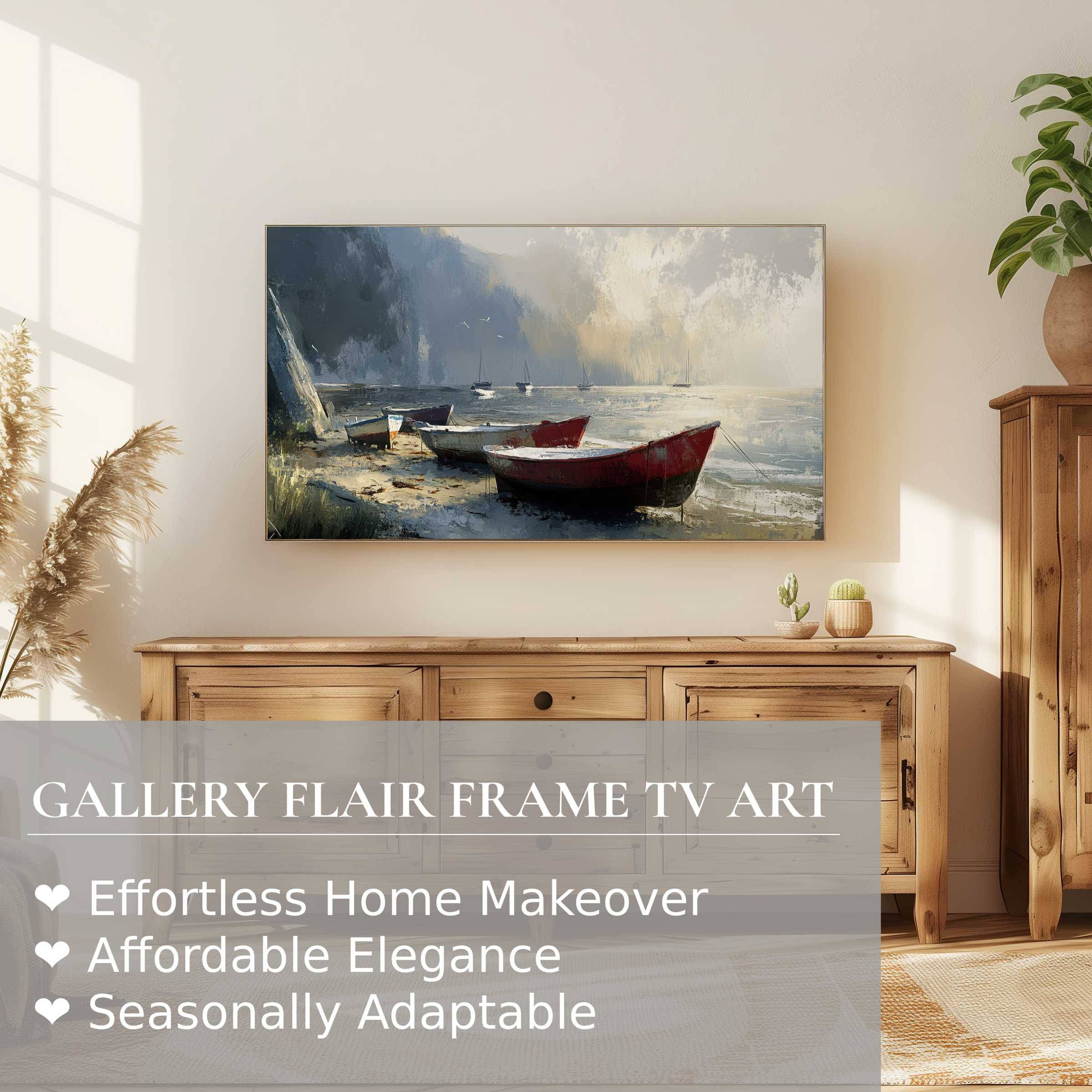 Elegant Samsung Frame TV showcasing serene beach digital artwork with boats, enhancing modern refined home decor