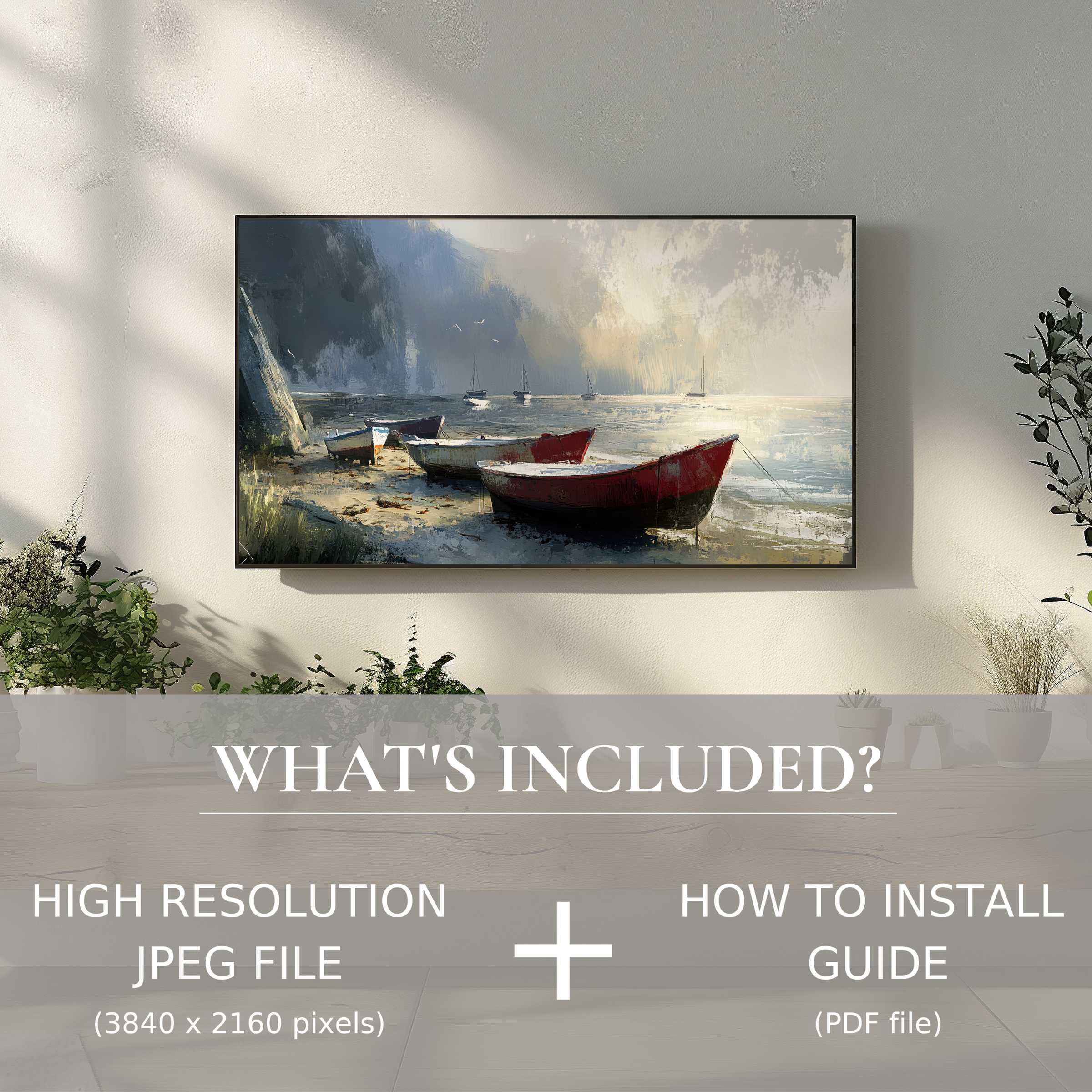 Elegant beach digital TV art download, easy to install, elevates your living space with serene coastal charm