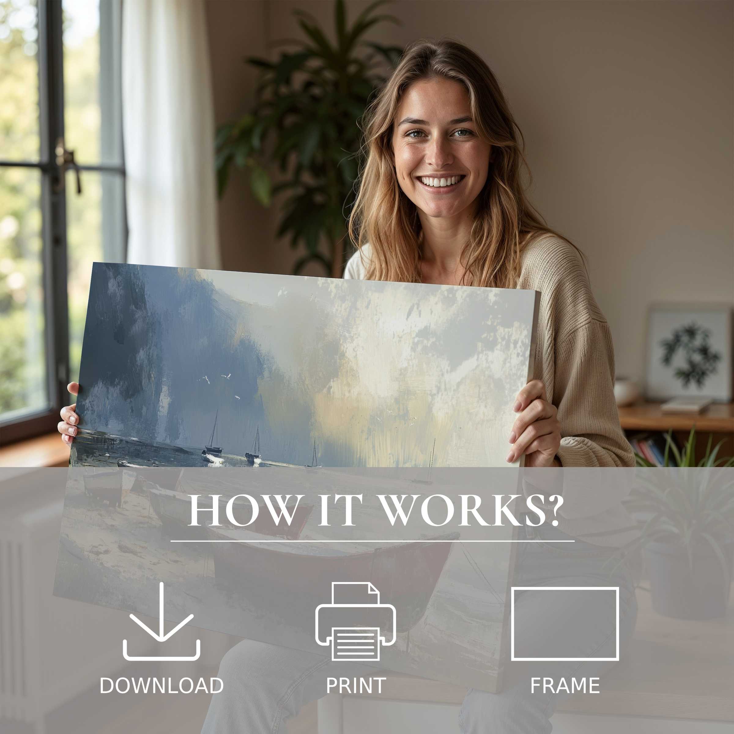 A beach digital art print radiates calm in a chic home, capturing serene connection and effortless living with art