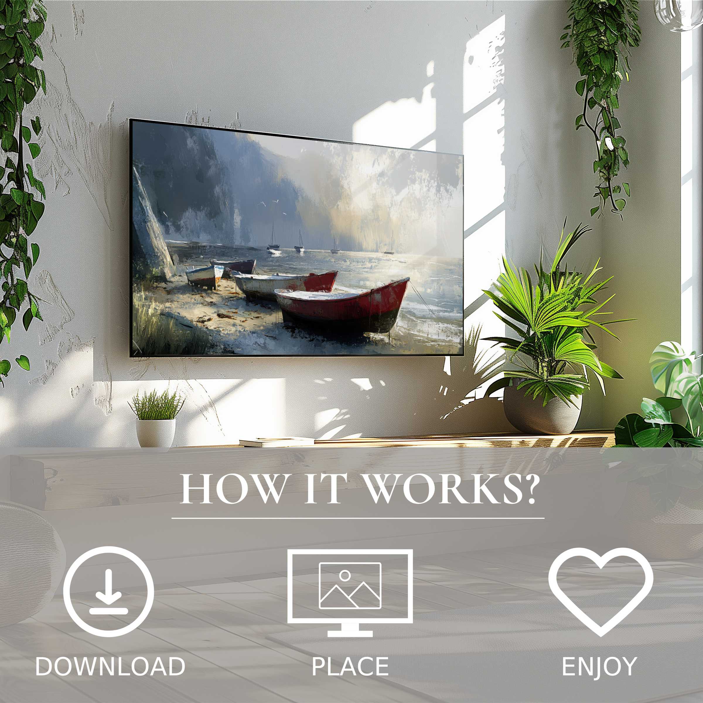 Modern living room with easy digital download beach art for Samsung TV, featuring moody boats and misty shore tones