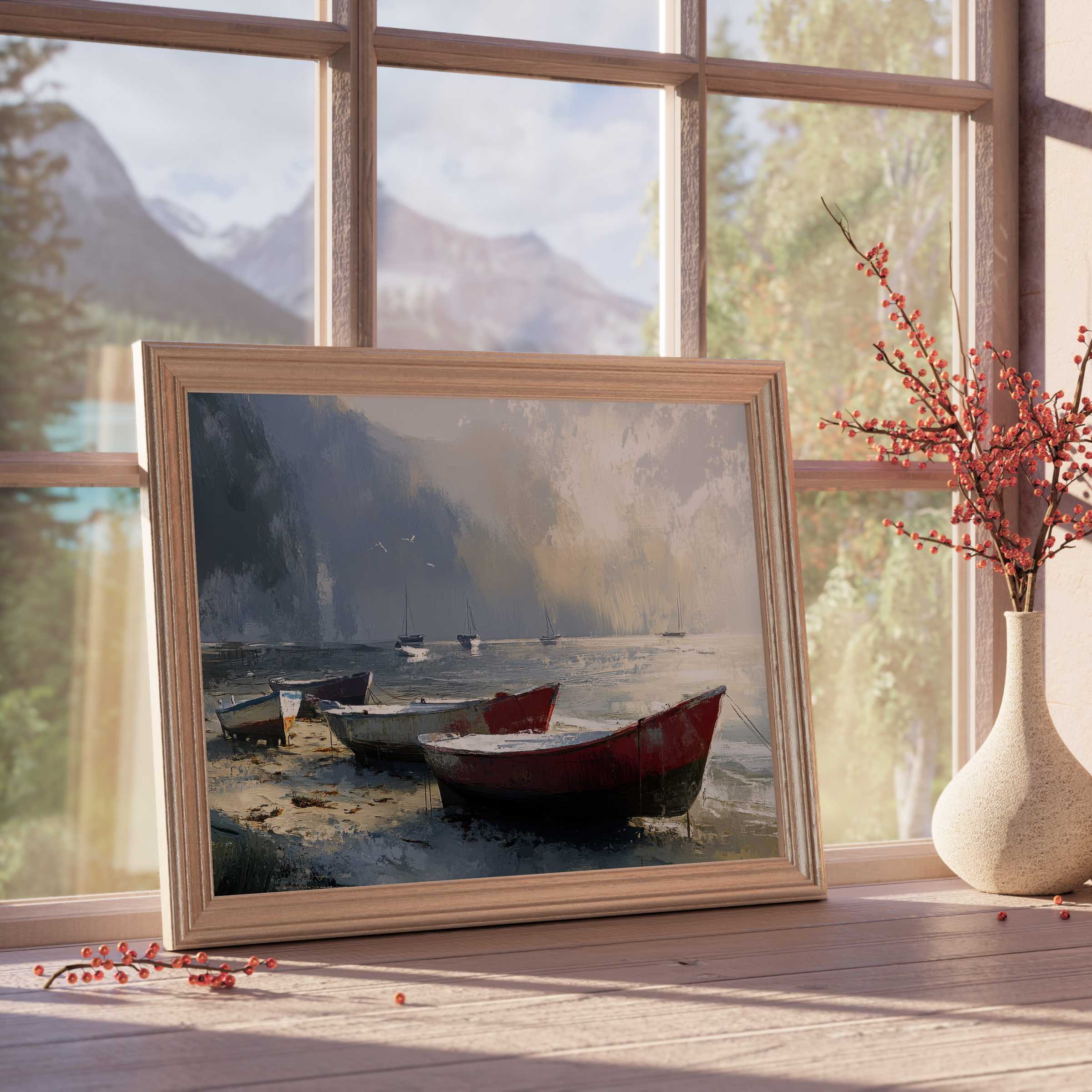 Tranquil beach downloadable art featuring moored boats in soft, moody light-elevate serene coastal interiors with timeless elegance