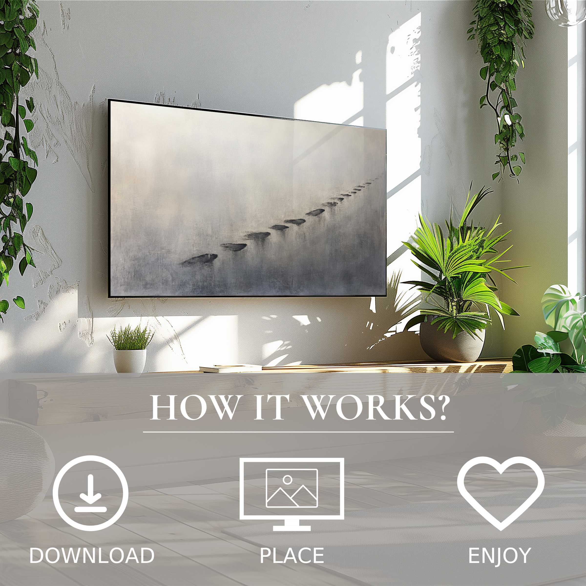 Minimalist art for Samsung TV with subtle gray stepping stones, easy digital download enriches sleek, plant-filled living space