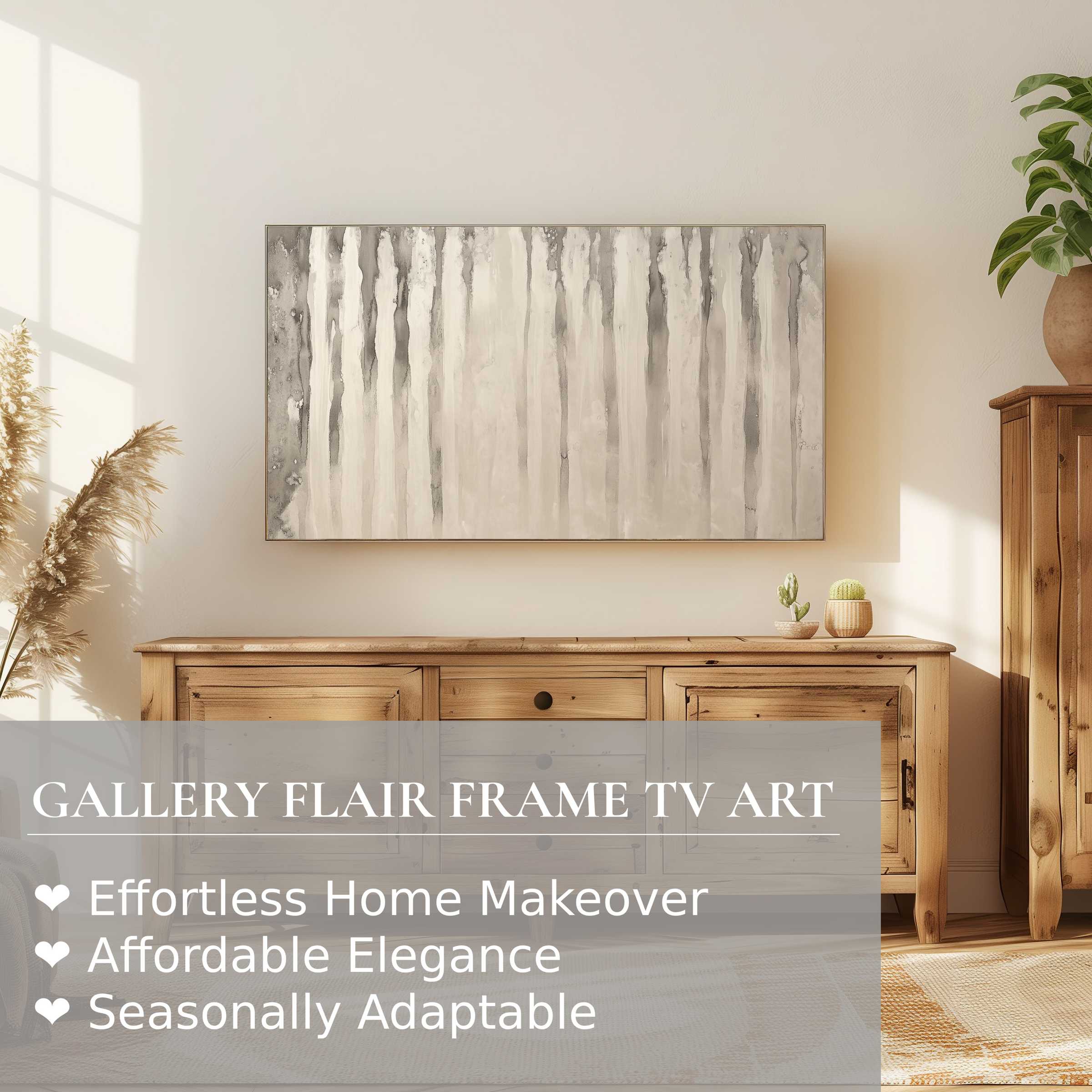 Samsung Frame TV displays neutral digital artwork in muted tones, enhancing this serene, modern rustic living space