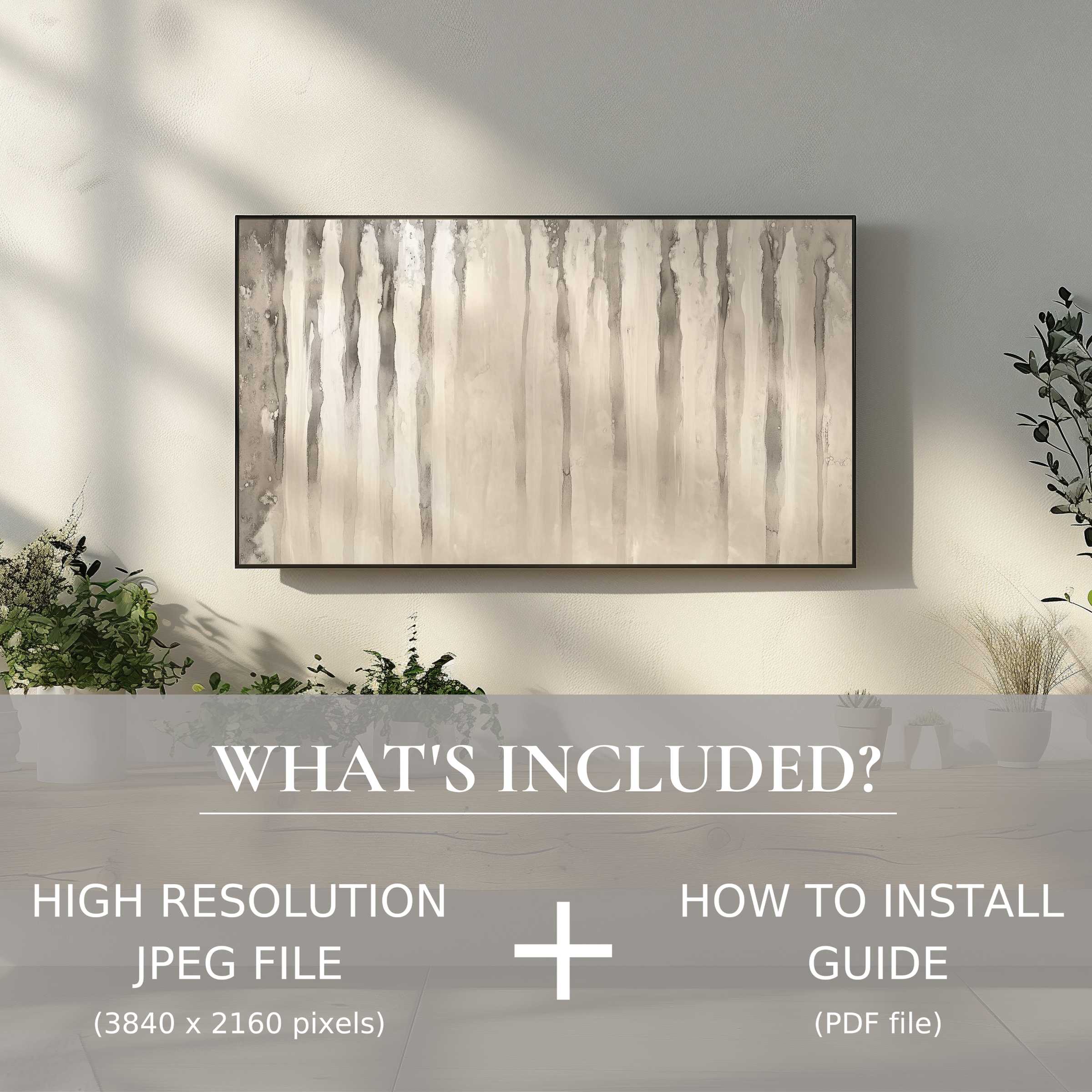 Neutral digital TV art download enhances serene living spaces with easy, modern digital use for style-conscious interiors