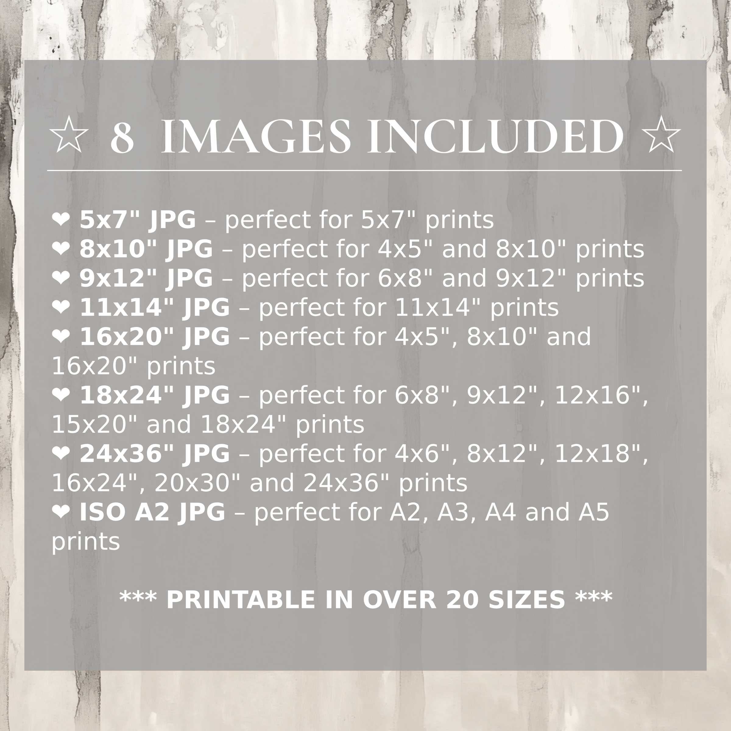 Neutral digital print with calming grayscale tones, enhancing modern interiors with refined style and 8 high-quality sizes included