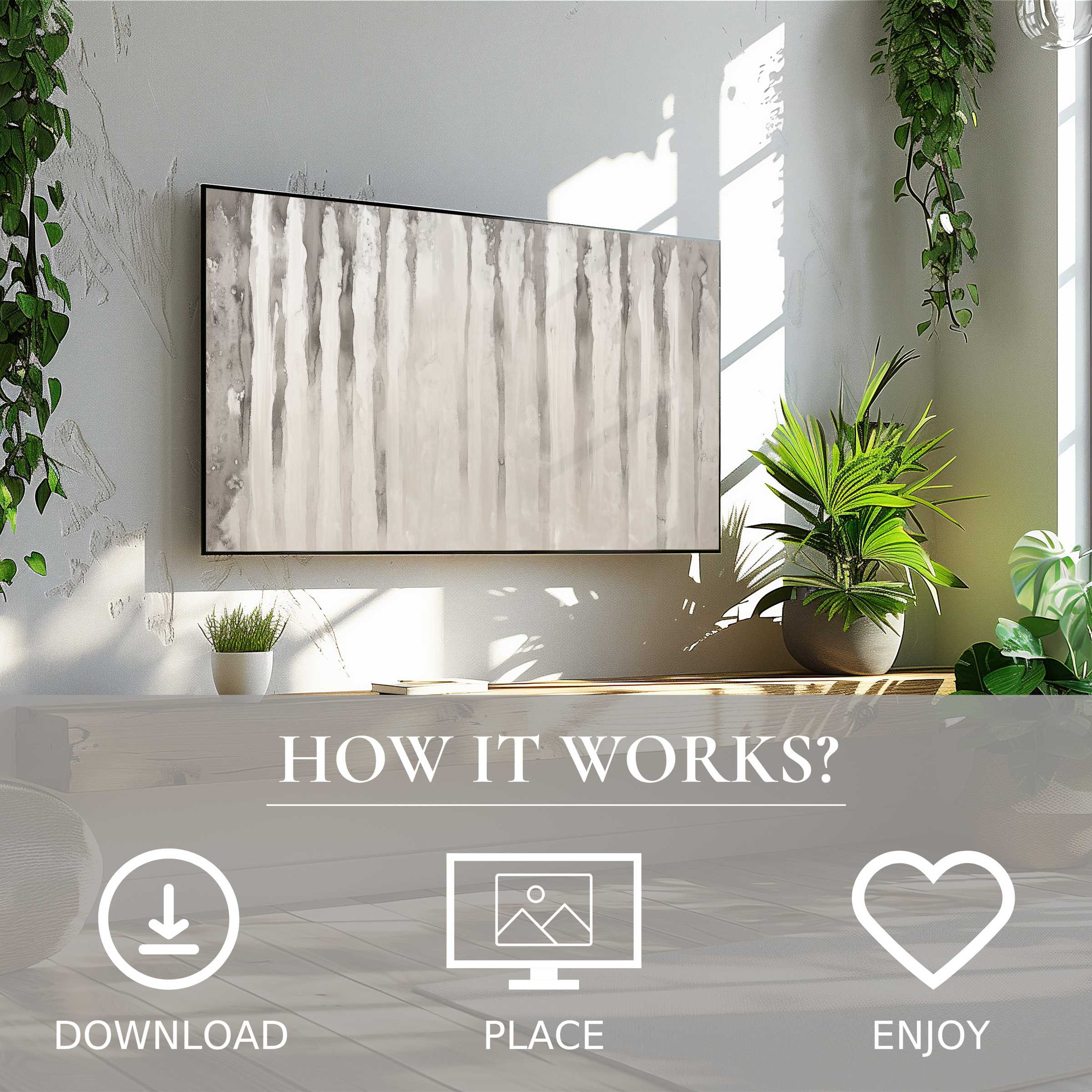 Neutral art for Samsung TV with subtle gray stripes, easy digital download enriches and modernizes your space