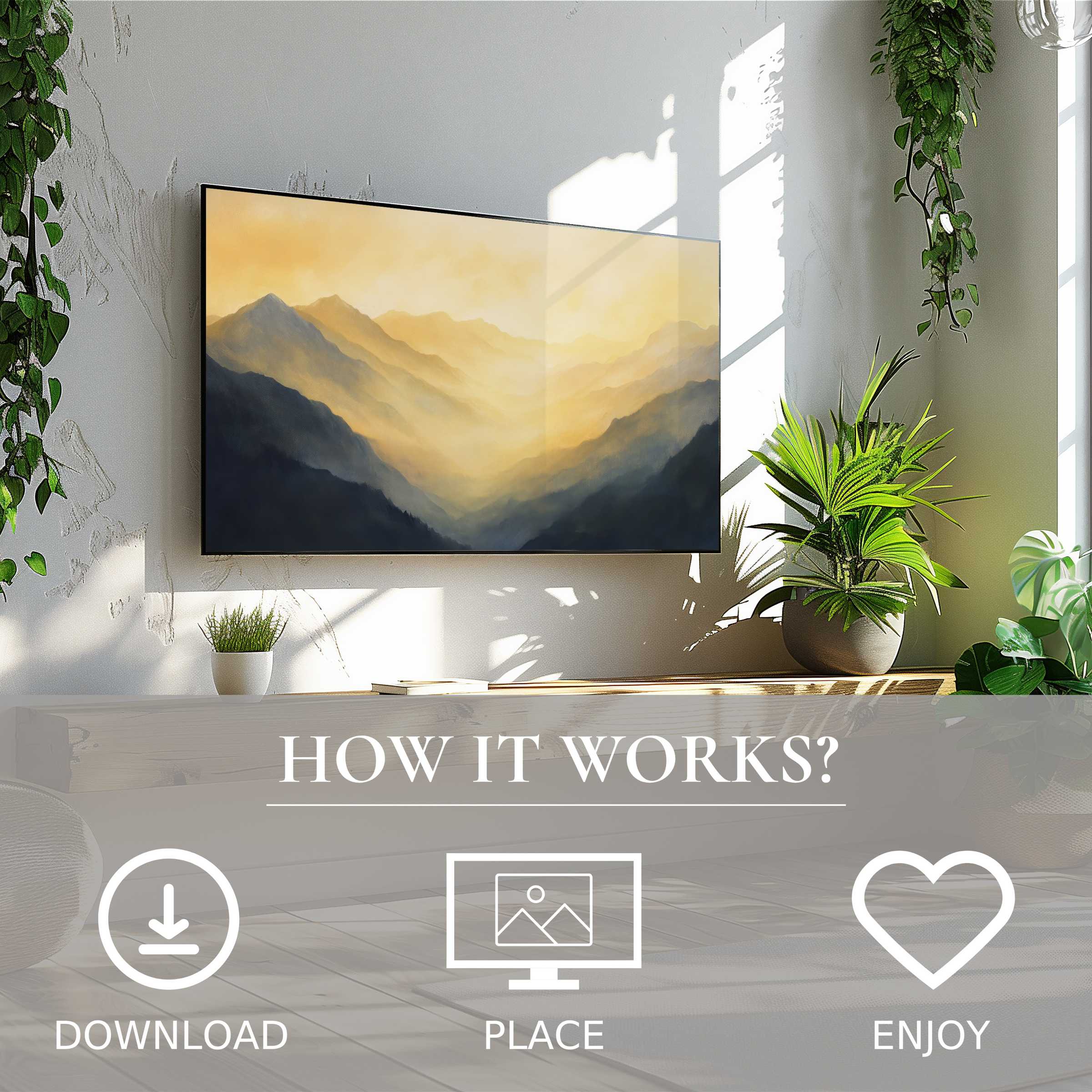 Modern living room with landscape art for Samsung TV, soft sunset tones, easy digital download enriching space