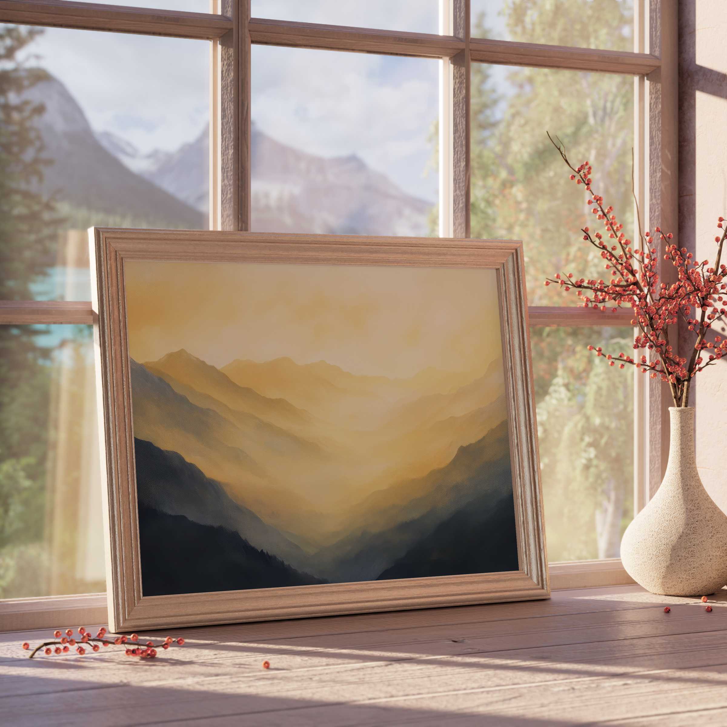 Serene landscape downloadable art featuring layered misty mountains in warm amber tones, elevating tranquil, curated interiors with natural elegance and refined style