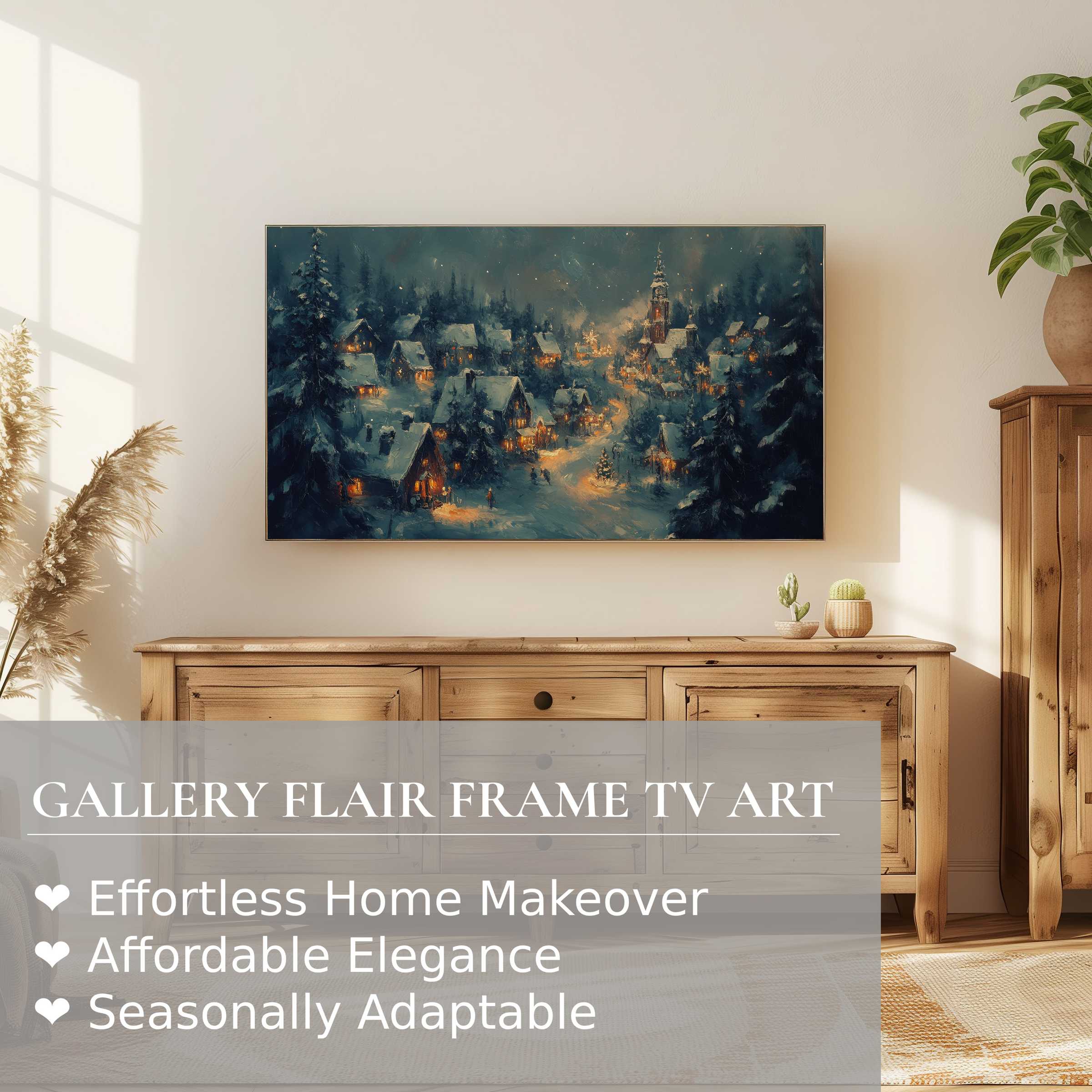 Modern rustic living room with Samsung Frame TV displaying warm, cozy christmas digital artwork of a snowy village