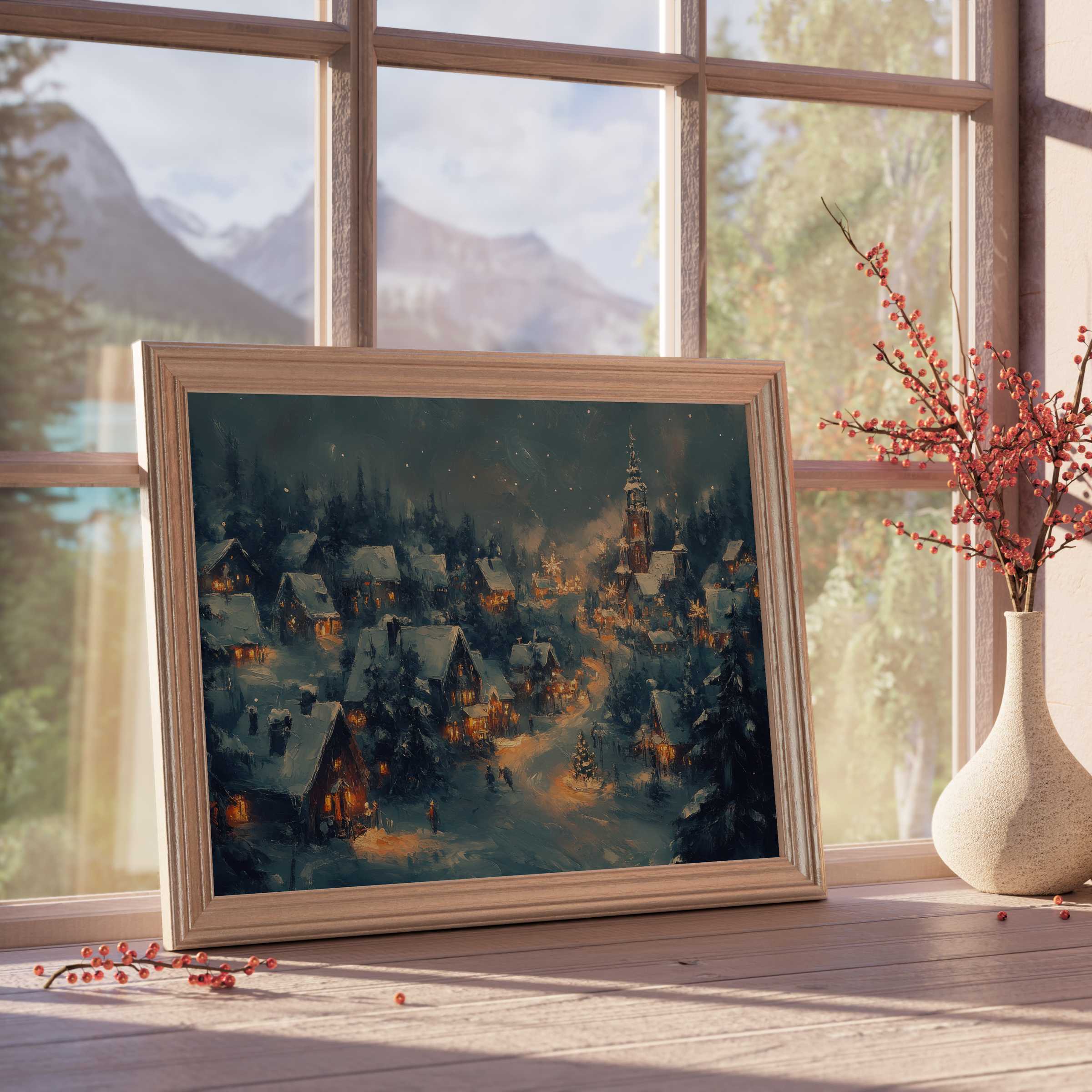 Christmas downloadable art capturing a tranquil snow-covered village glowing with warm light, elevating serene, curated interiors with festive charm