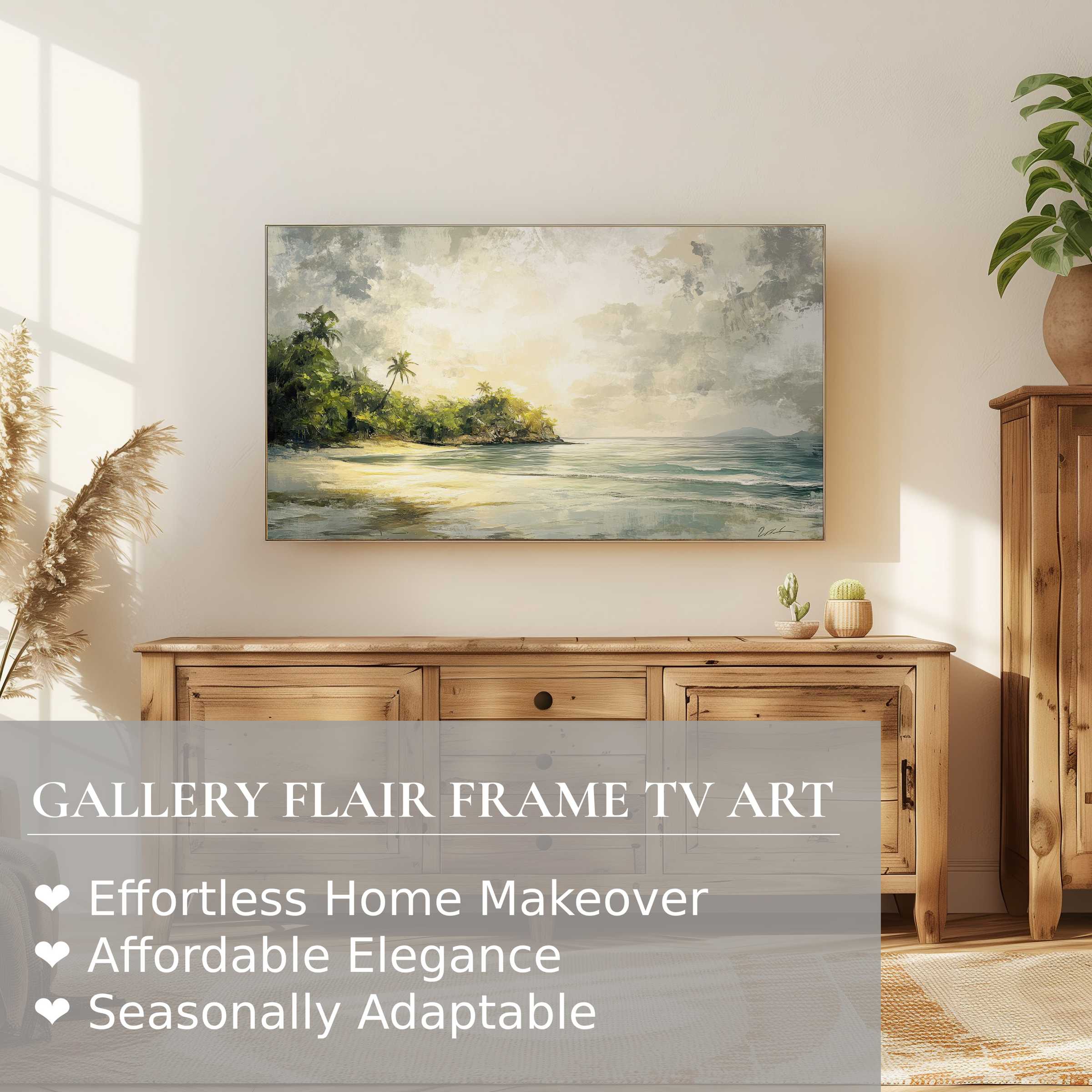 Samsung Frame TV displaying serene summer digital artwork of a coastal landscape in a modern, elegant setting