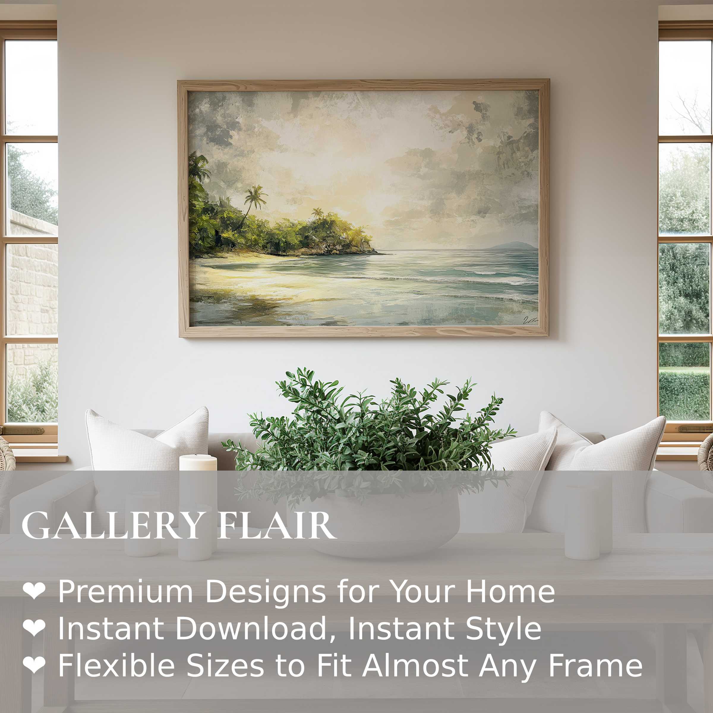 Serene summer wall art print capturing a radiant coastal landscape with soft waves and tropical palms, elevating modern minimalist interiors