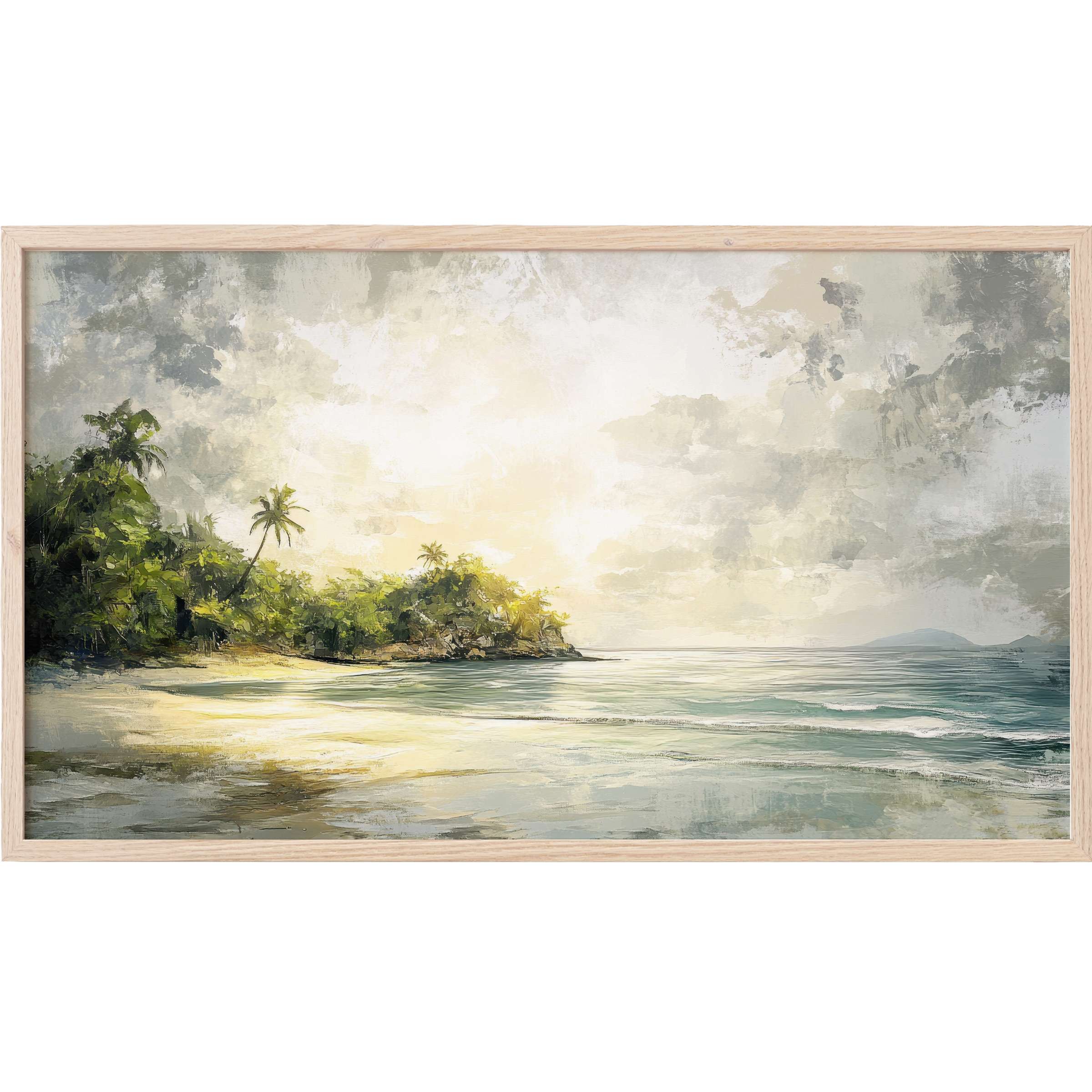 Tranquil coastal scene with textured greens, blues, and soft yellows in a modern summer Frame TV Art style