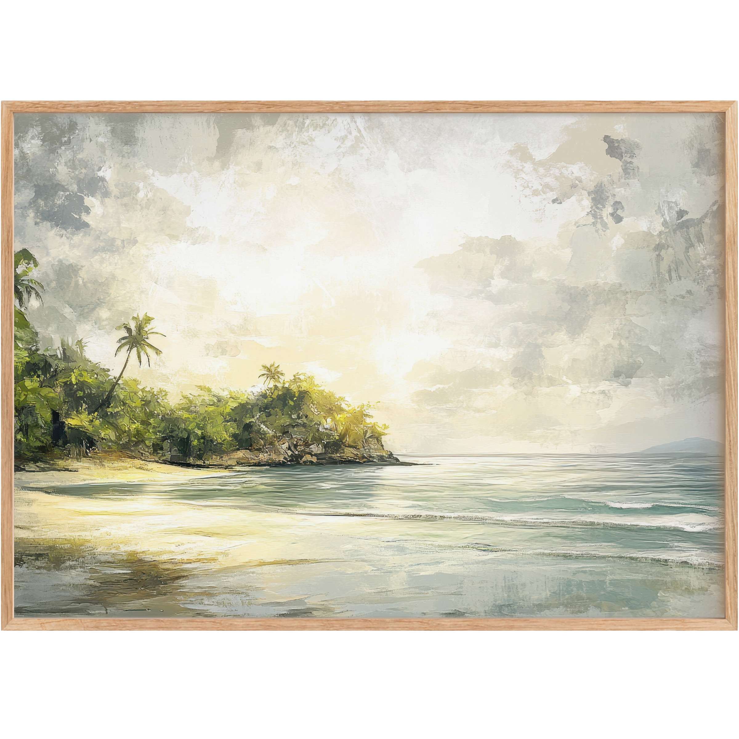 Summer printable wall art capturing a serene beachscape in soft blues and warm greens, evoking calm and radiant tranquility