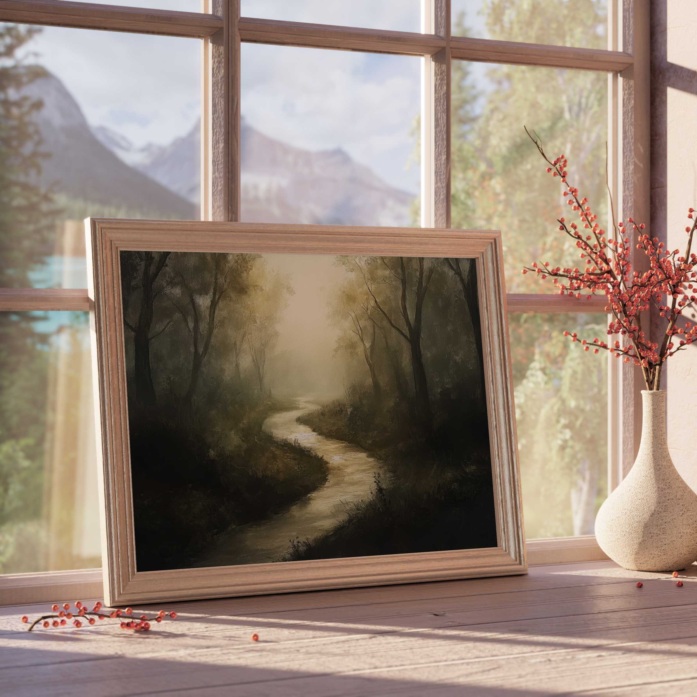 Vintage downloadable art depicting a serene, misty forest path enhances tranquil, design-savvy interiors with timeless warmth and elegance