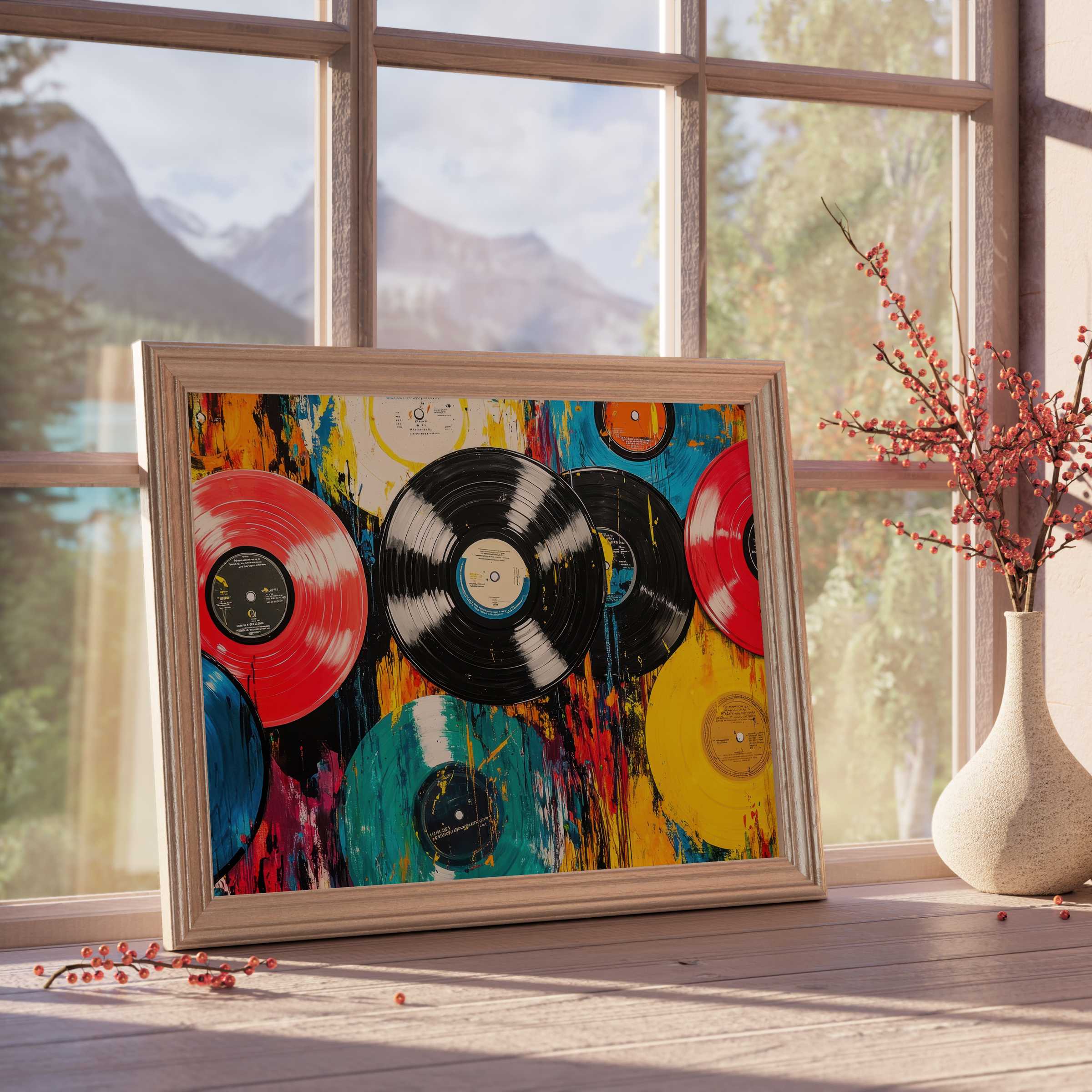 Vibrant pop art downloadable art showcasing colorful vinyl records, infusing curated interiors with dynamic energy and retro charm