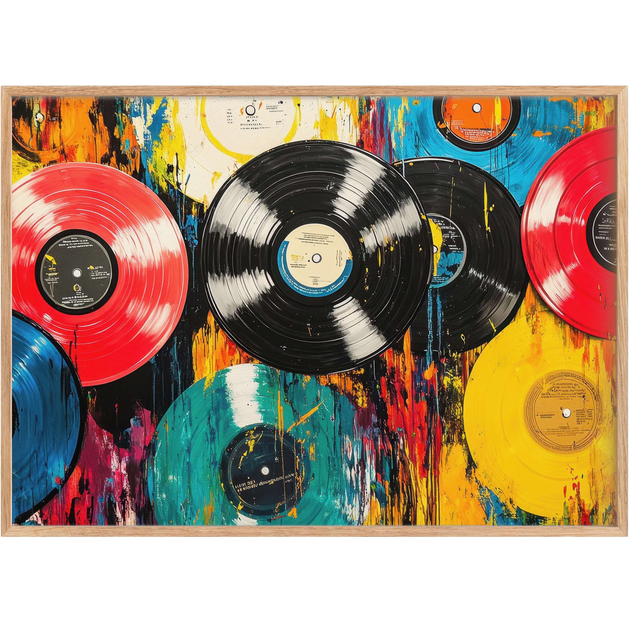 Bold and vibrant pop art printable wall art featuring colorful vinyl records in red, yellow, teal, and black, igniting a dynamic, energetic atmosphere that elevates any modern living space