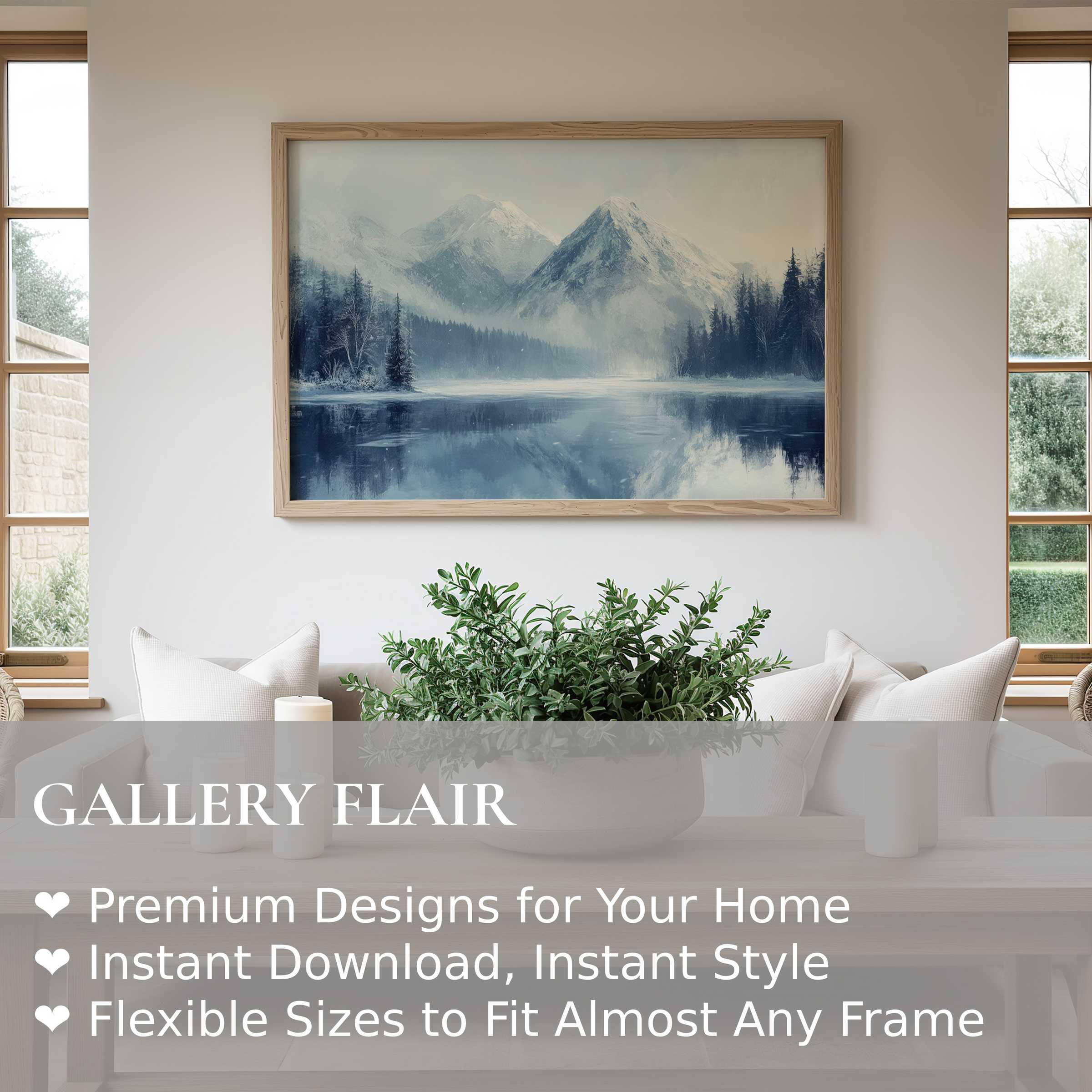 Winter wall art print capturing serene snow-capped mountains reflected on a tranquil lake, enhancing modern minimalist interiors with calming, elegant ambiance and subtle nature-inspired tones