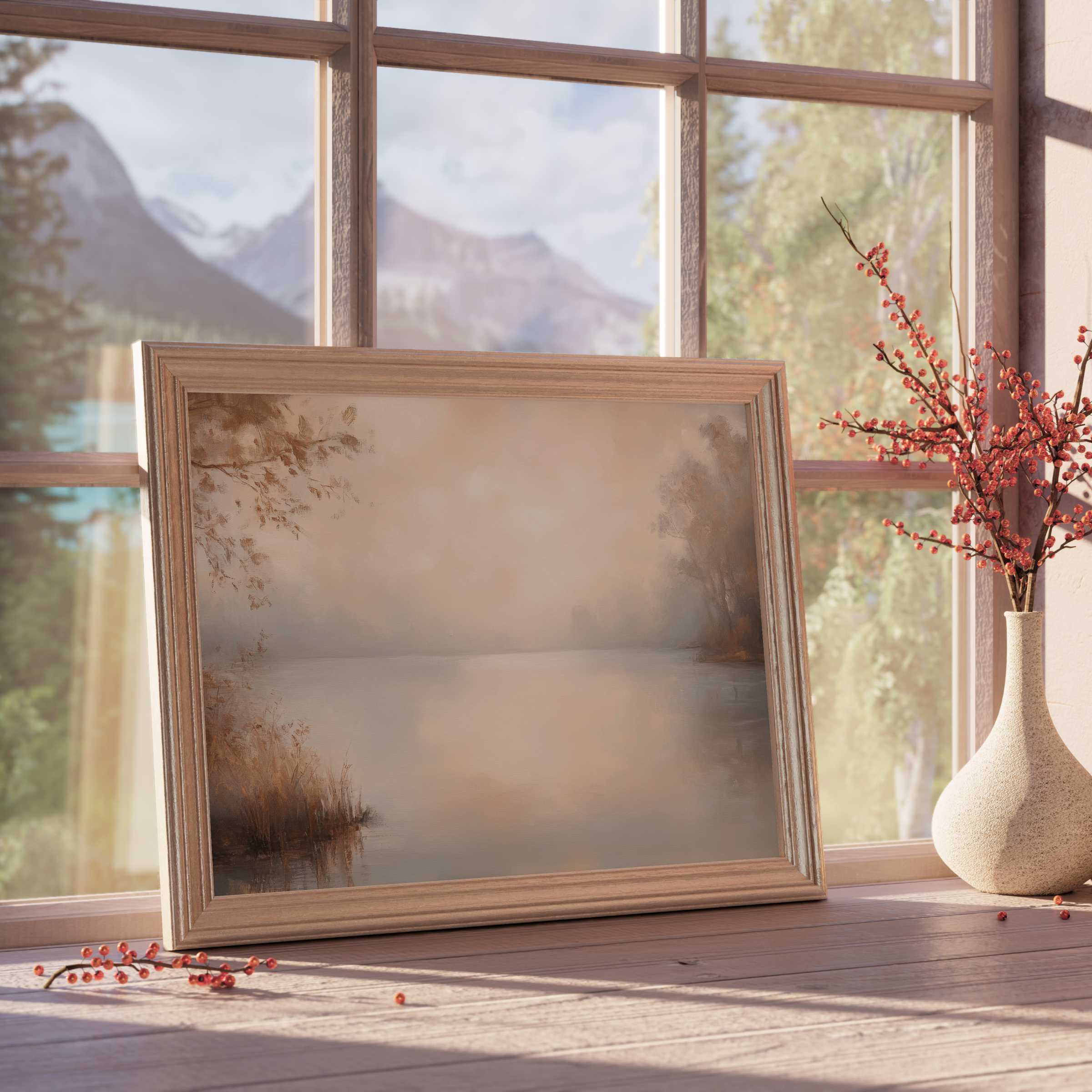 Serene fall downloadable art with muted earth tones, enhancing tranquil, curated interiors with warm, nature-inspired elegance and modern design