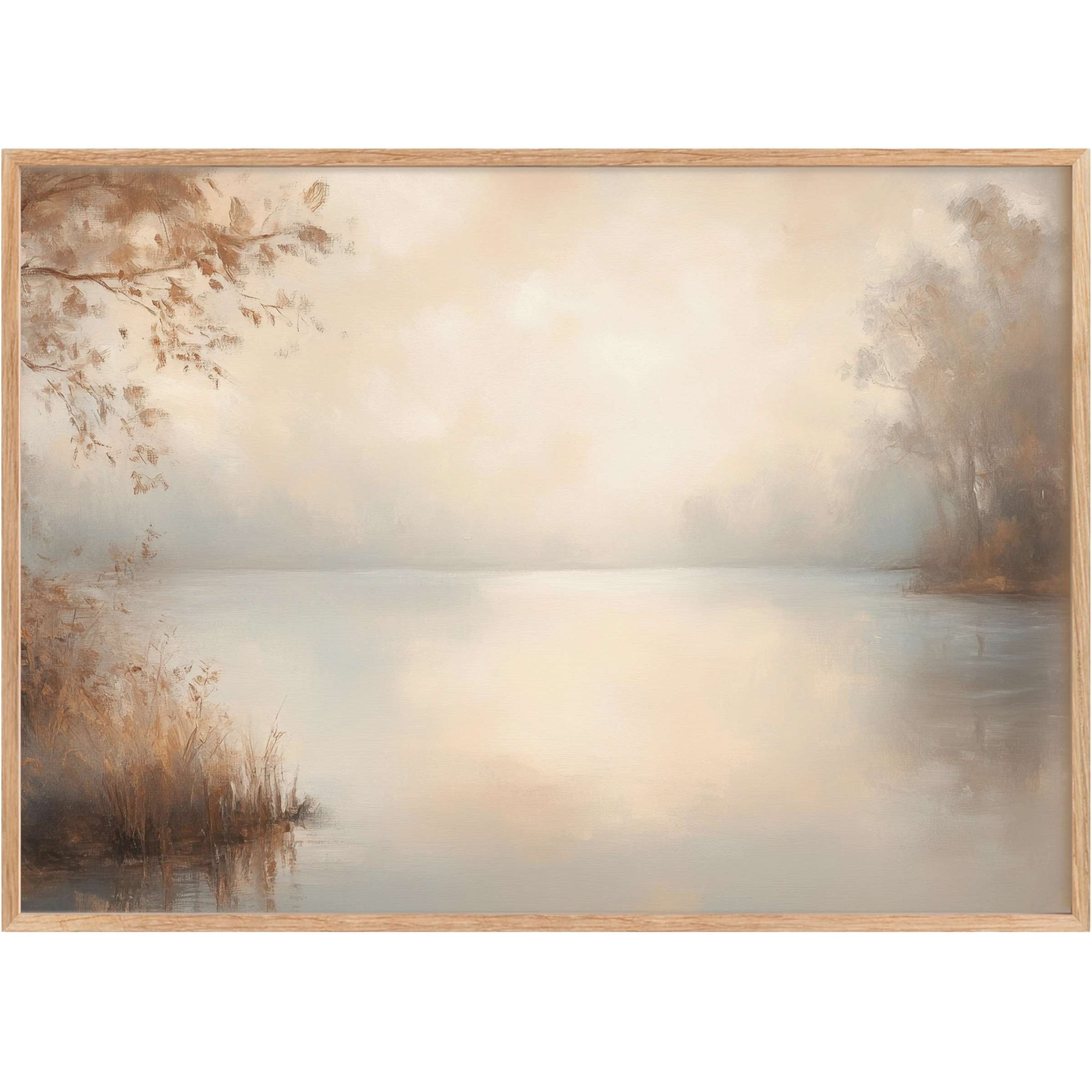 Serene fall printable wall art in soft taupe and amber tones evokes tranquil mornings by a misty lake, enhancing elegant interiors