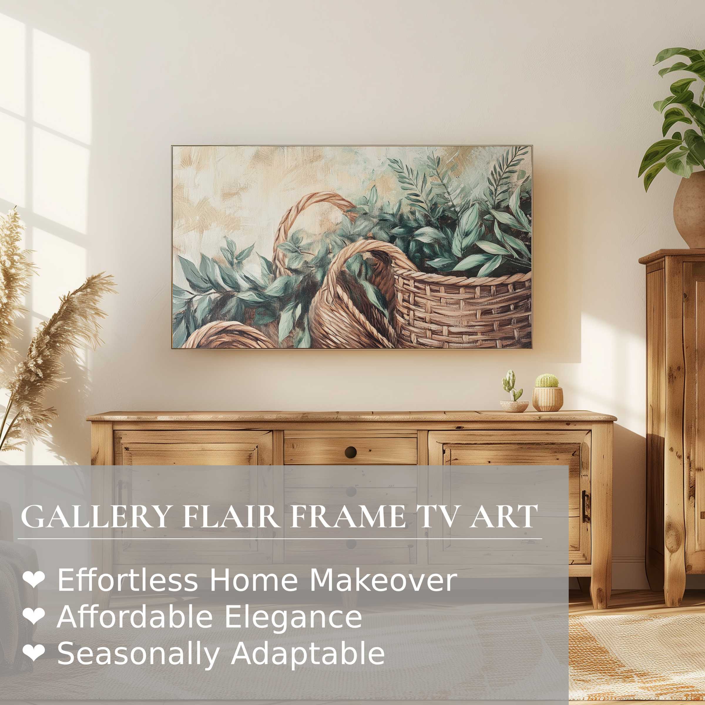 Samsung Frame TV displays boho digital artwork of woven baskets and foliage in a warm, elegant natural setting