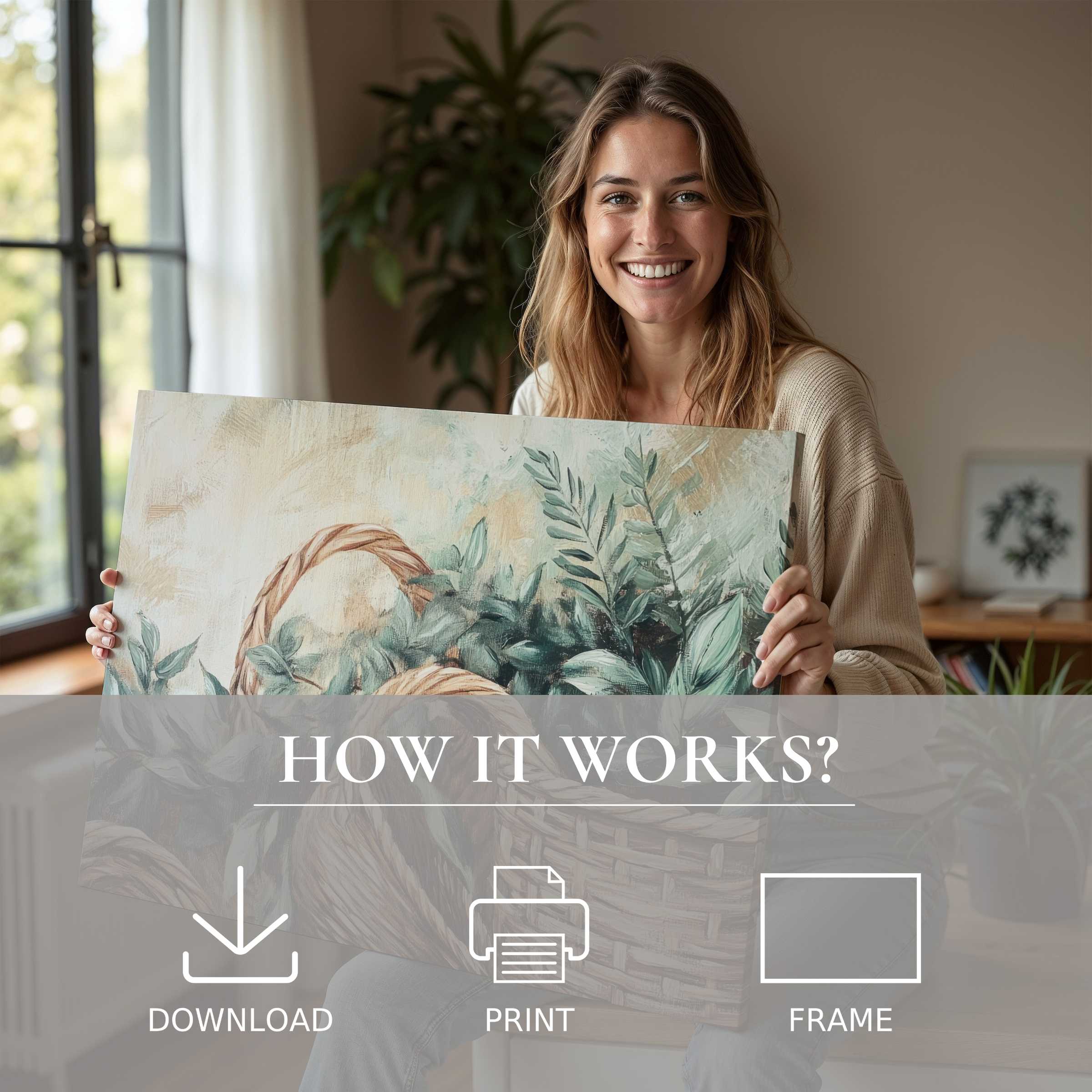 Radiant joy illuminates a modern home as a woman embraces the effortless beauty of boho digital art print