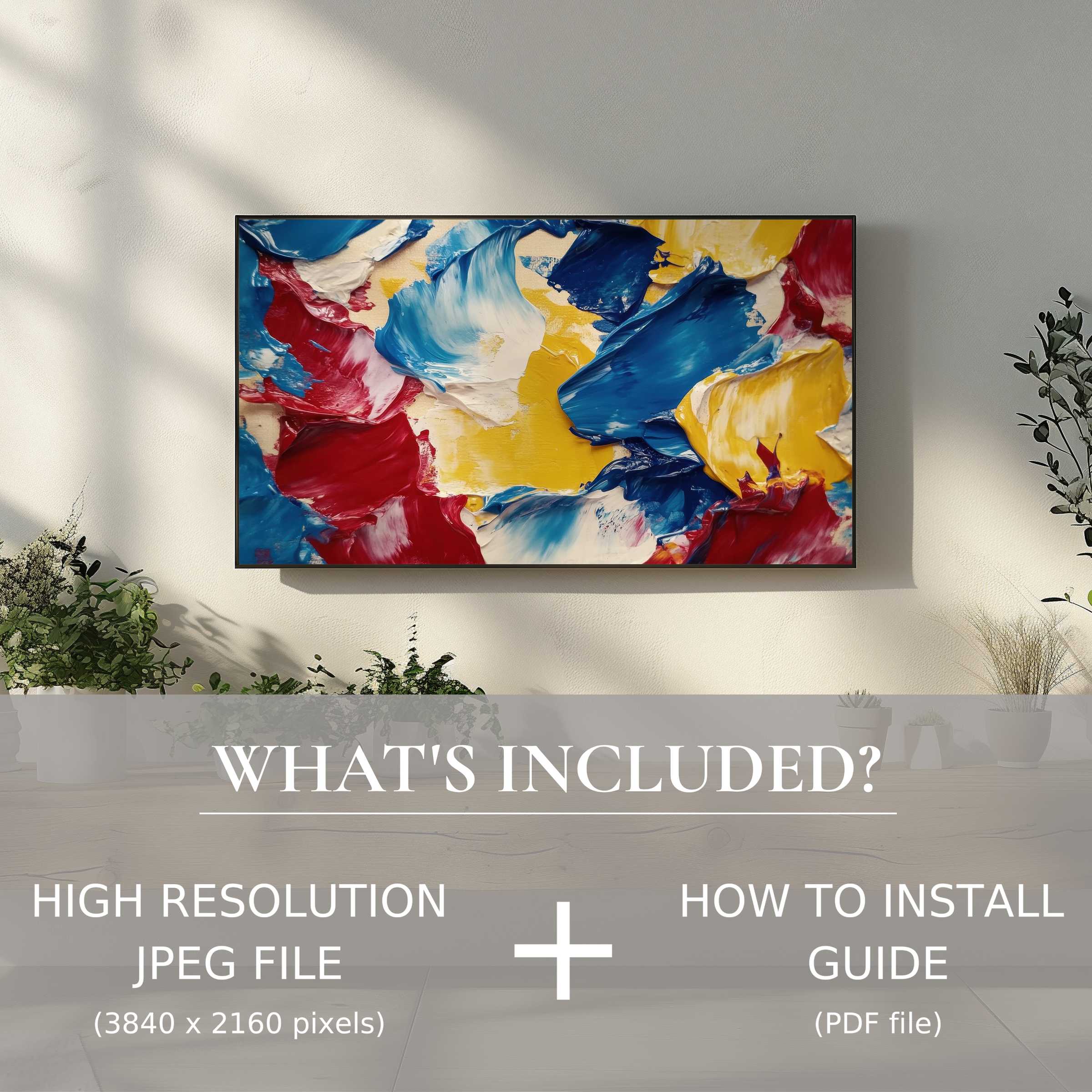 Elegant living room with vibrant abstract modern digital TV art download, easily enhancing your space with digital ease