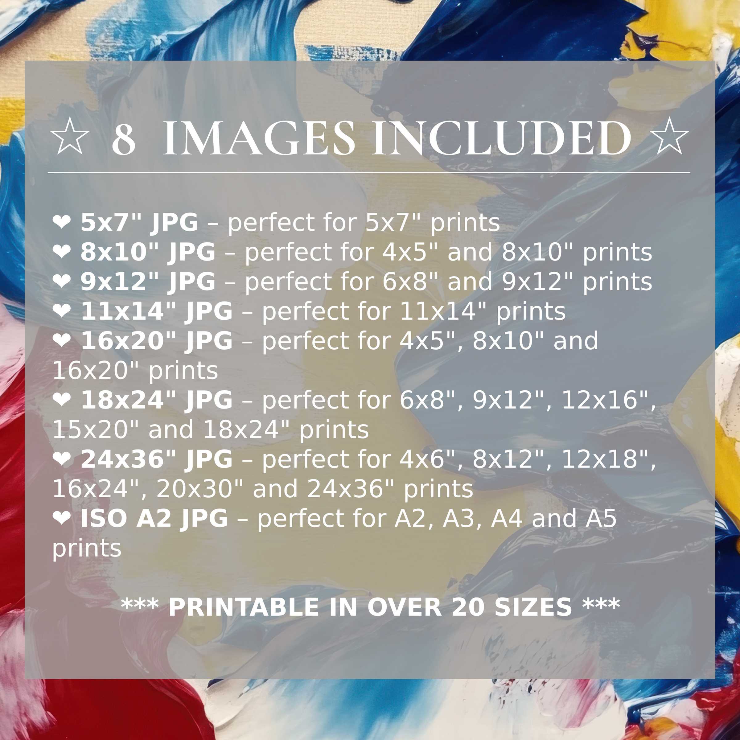 Radiant modern digital print in bold reds, blues, and yellows, included in 8 high-quality sizes to elevate stylish, versatile interiors