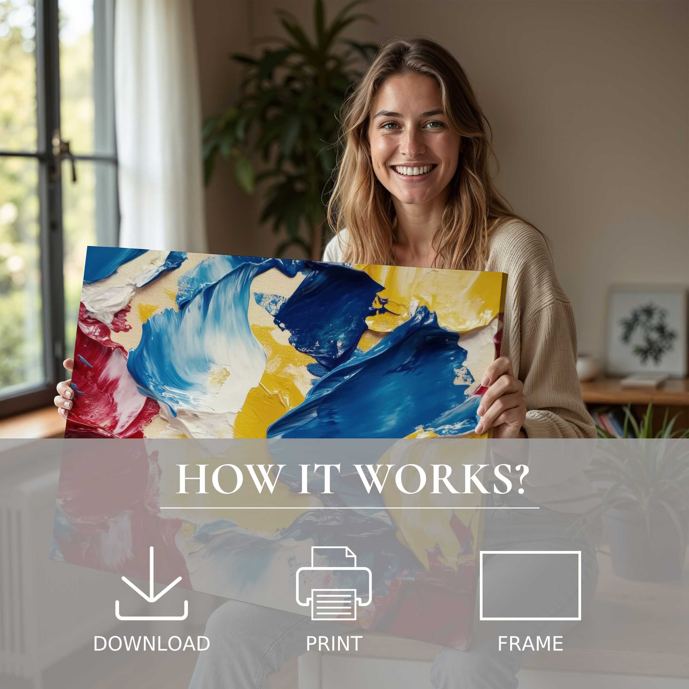 A joyful moment revealing a vibrant modern digital art print, enriching a stylish home with effortless elegance and soulful connection