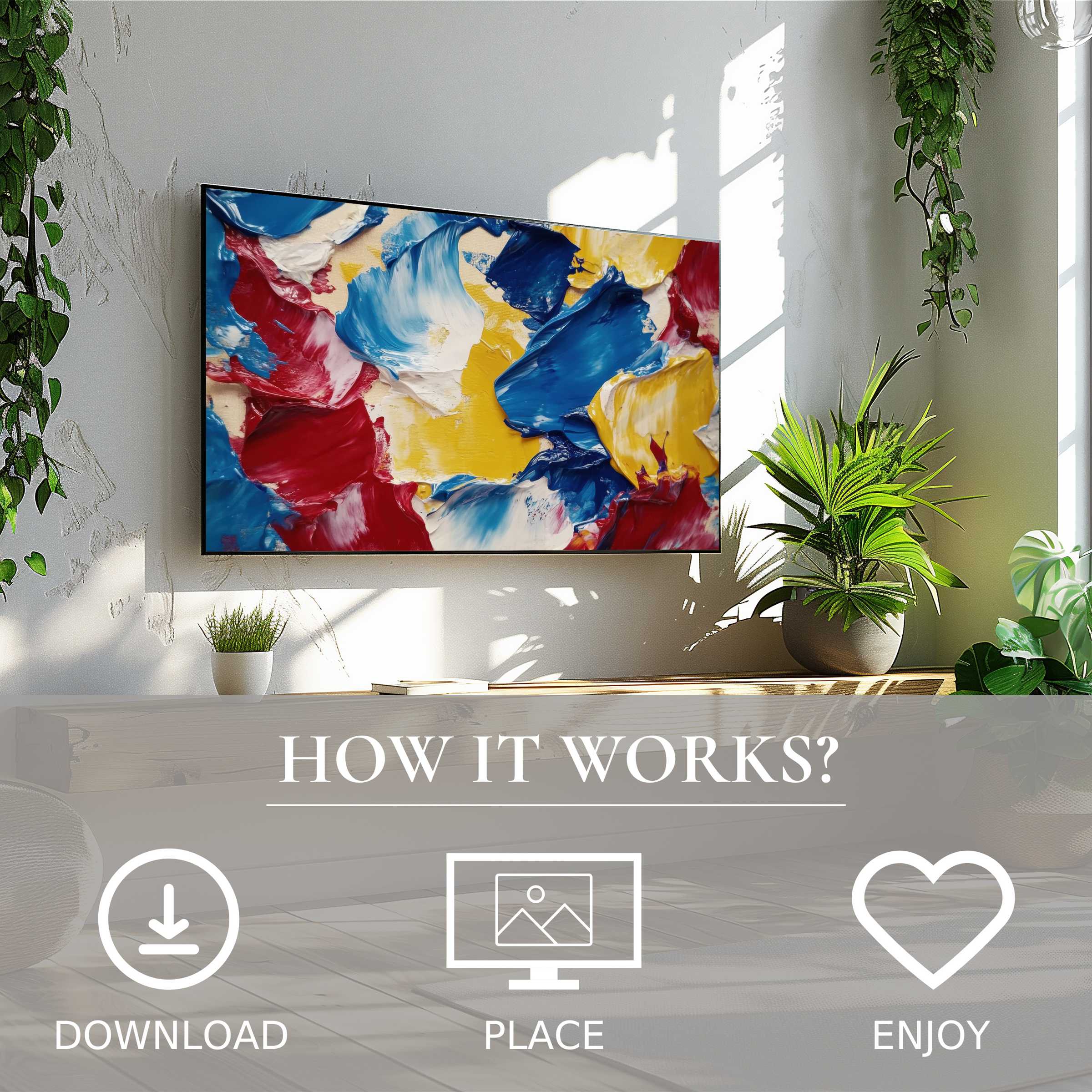 Modern art for Samsung TV with bold color flow motif, easy digital download enhances any living space’s style and vibe