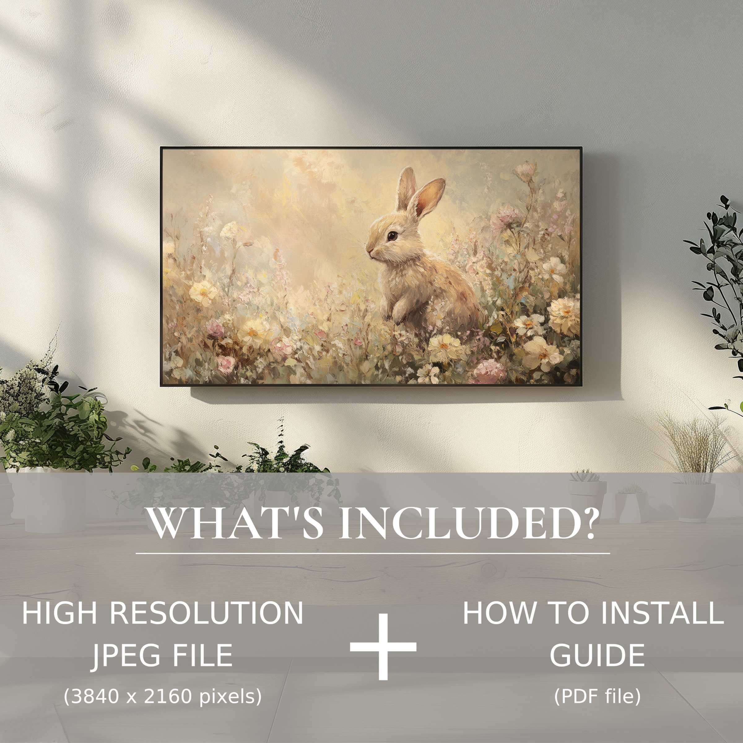 Elegant easter digital TV art download featuring a soft bunny scene, enhancing modern living spaces with easy digital use