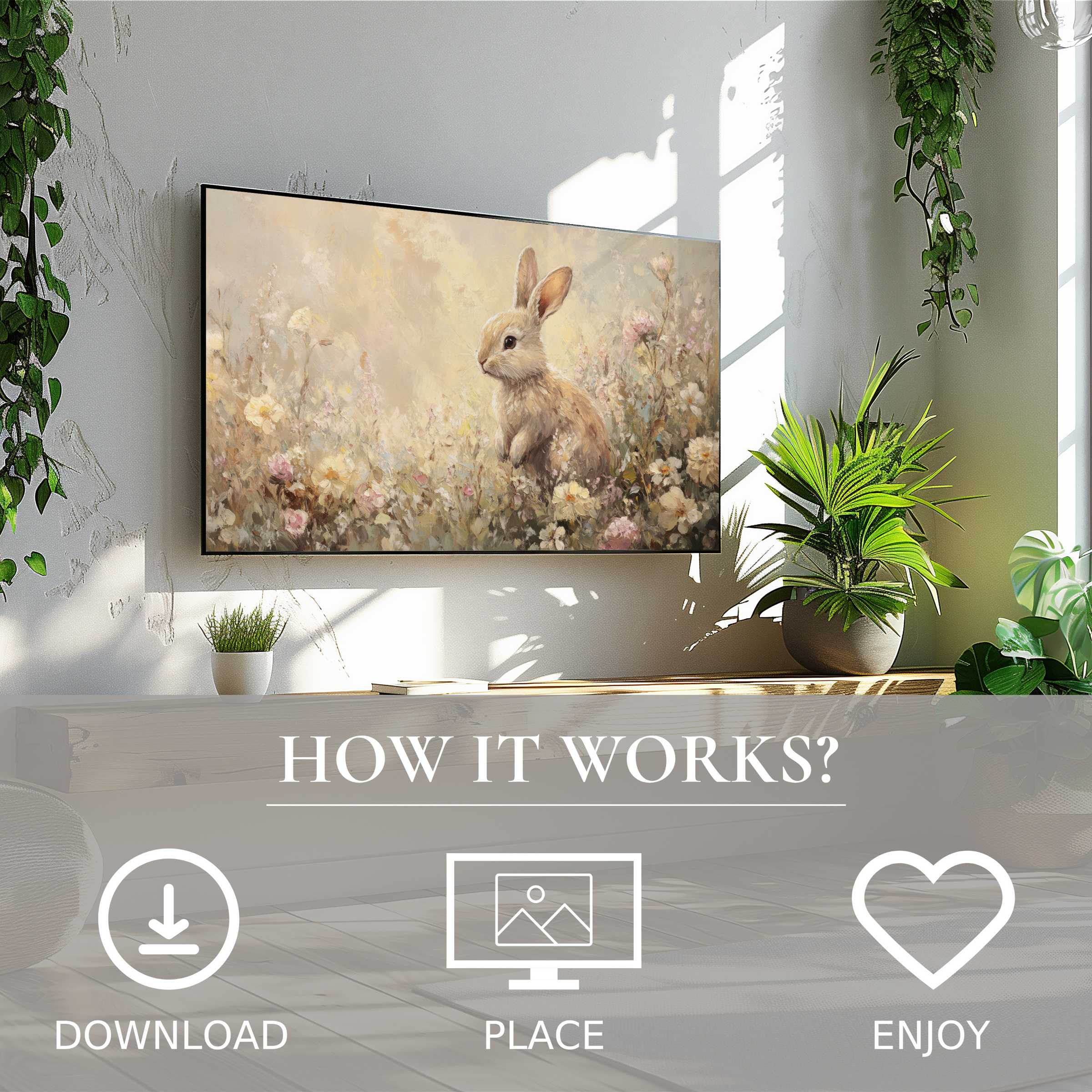 Cozy room with plants displays easter art for Samsung TV featuring soft pastel bunny and floral tones, easy digital download