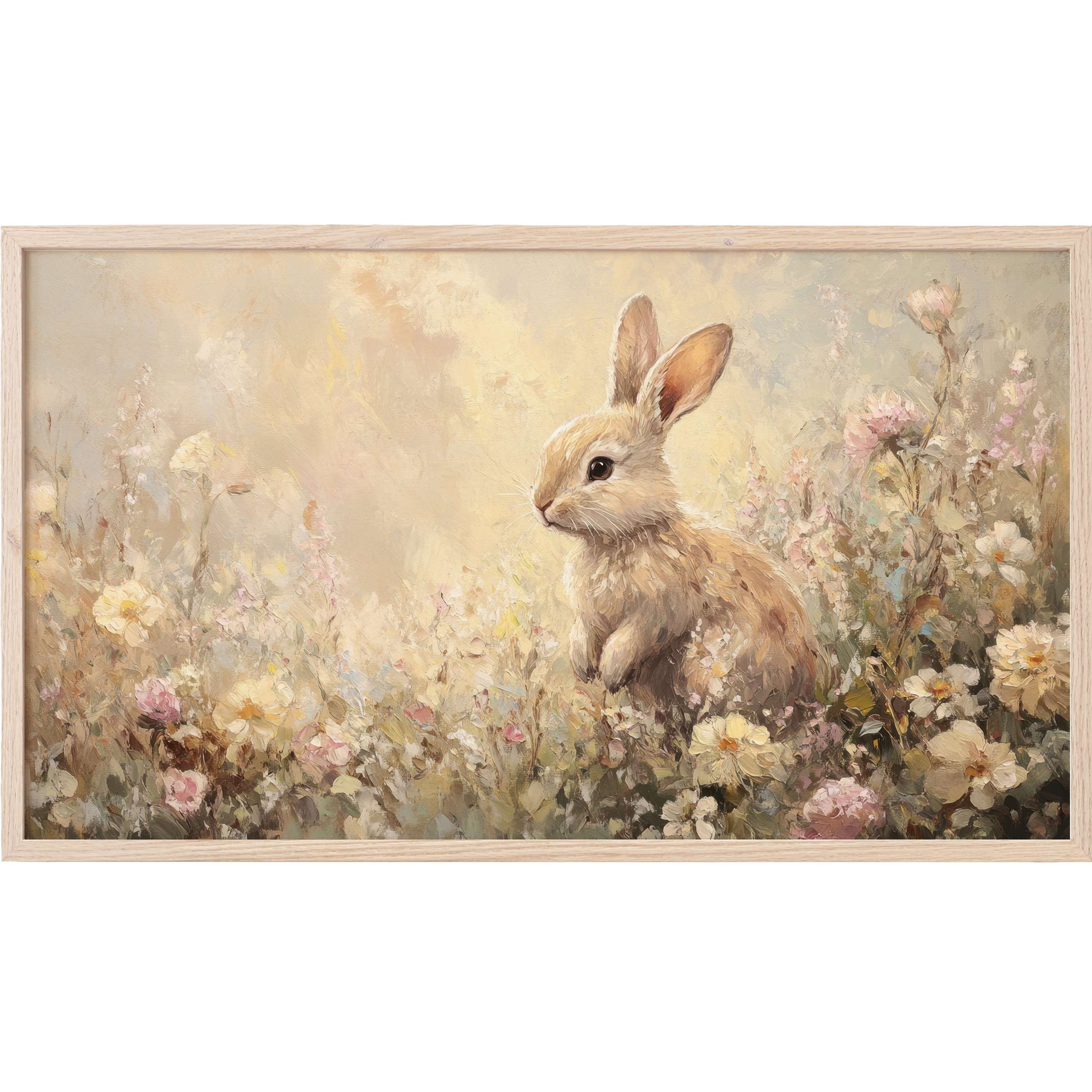 Elegant easter Frame TV Art with a soft palette, featuring a delicate bunny amid pastel flowers in a modern impressionist style
