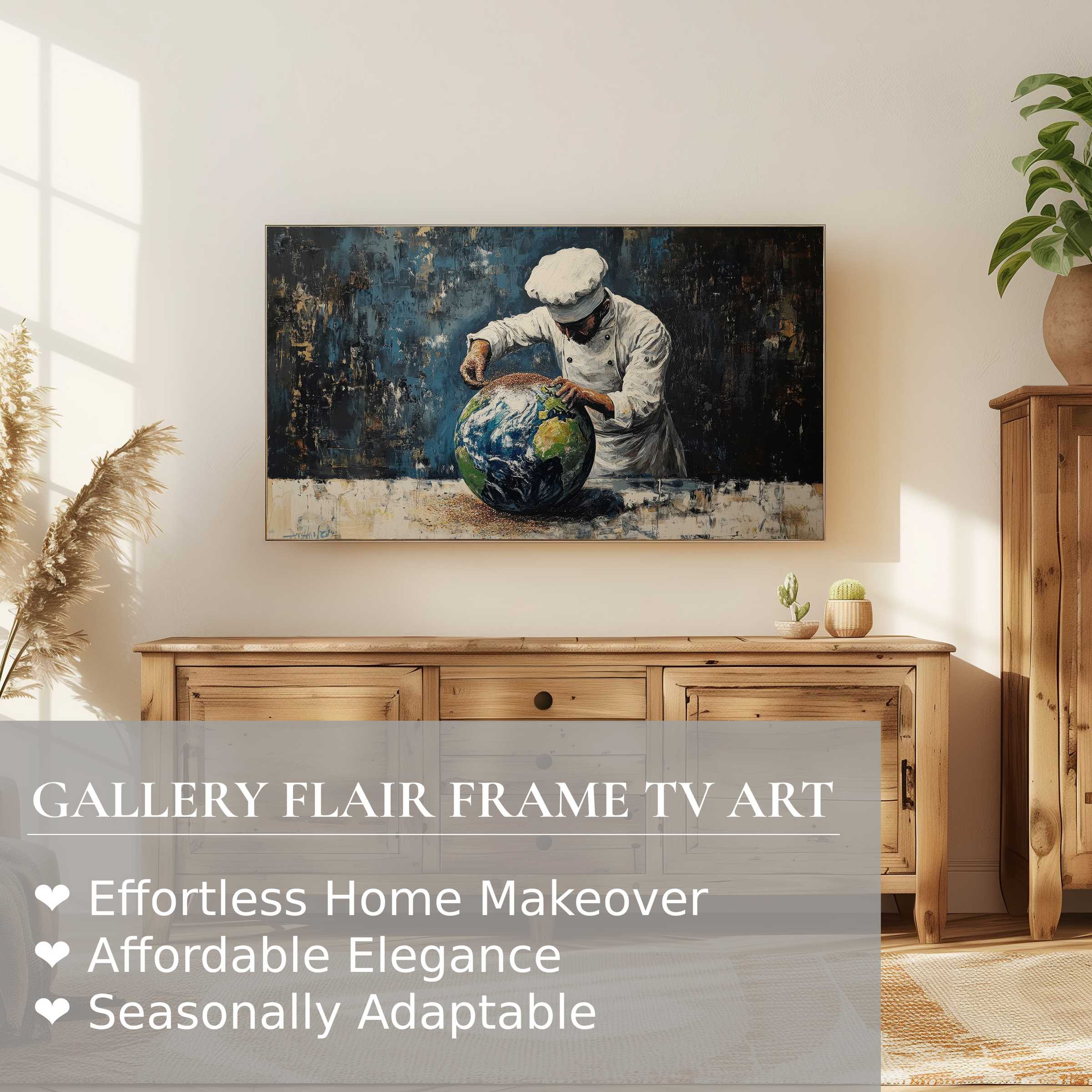 Samsung Frame TV showcasing street art digital artwork of a chef sculpting Earth in a chic, modern space