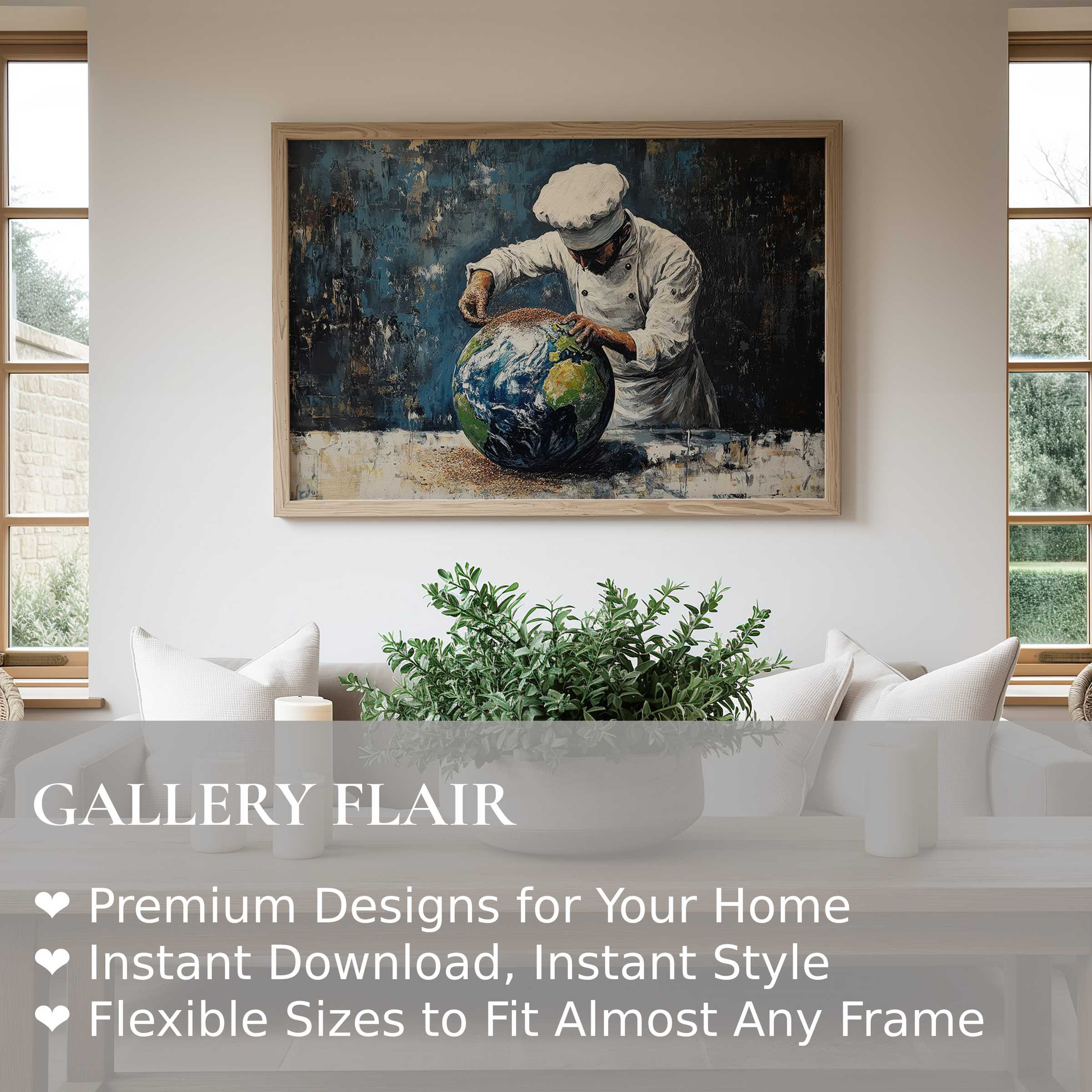 Bold street art wall art print featuring a chef seasoning a globe, radiating urban sophistication in a minimalist, nature-infused living space