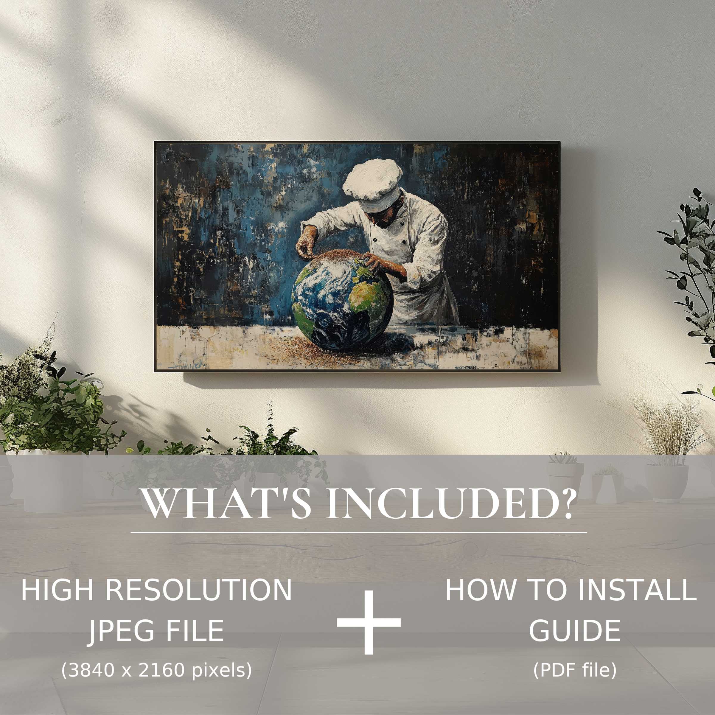 Modern living room with chef-themed street art digital TV art download, enhancing space with easy digital use