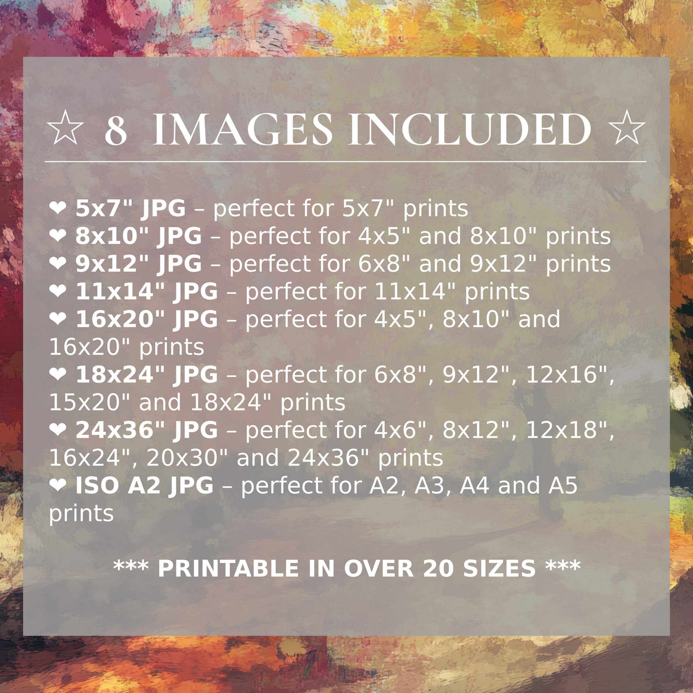 Print size guide showing 8 included JPG formats for versatile wall art printing – perfect for framing in popular sizes from 5x7 to 24x36 and A2