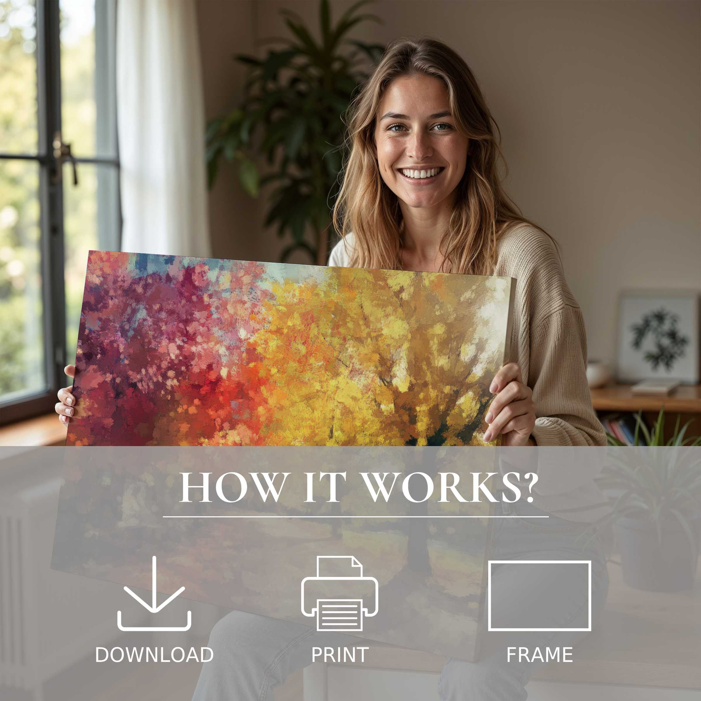 Radiant tree digital art print glowing with autumn hues, embraced in a modern home where art inspires joy and connection