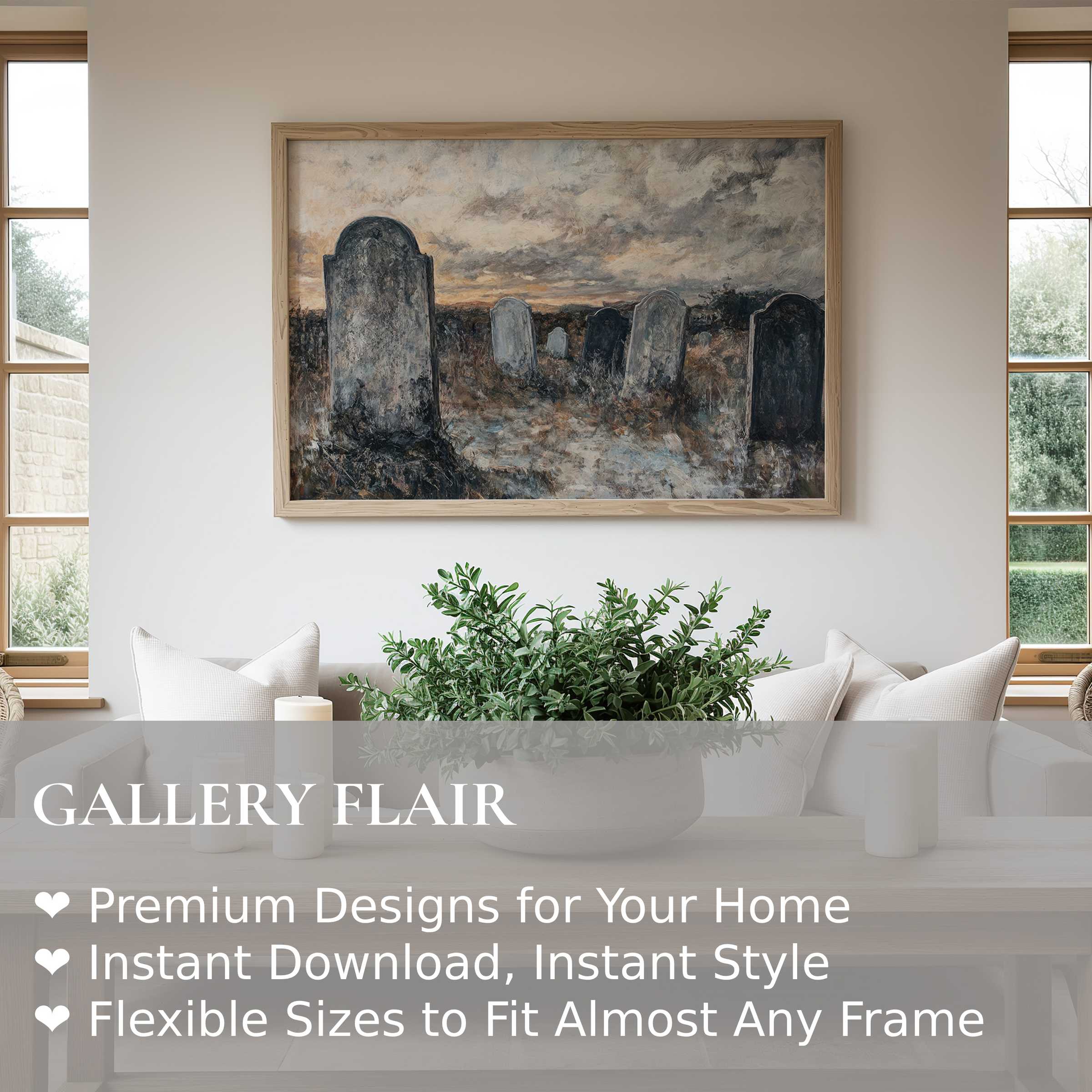 Halloween wall art print featuring a moody graveyard scene with textured tombstones, adding bold gothic elegance to modern minimalist interiors