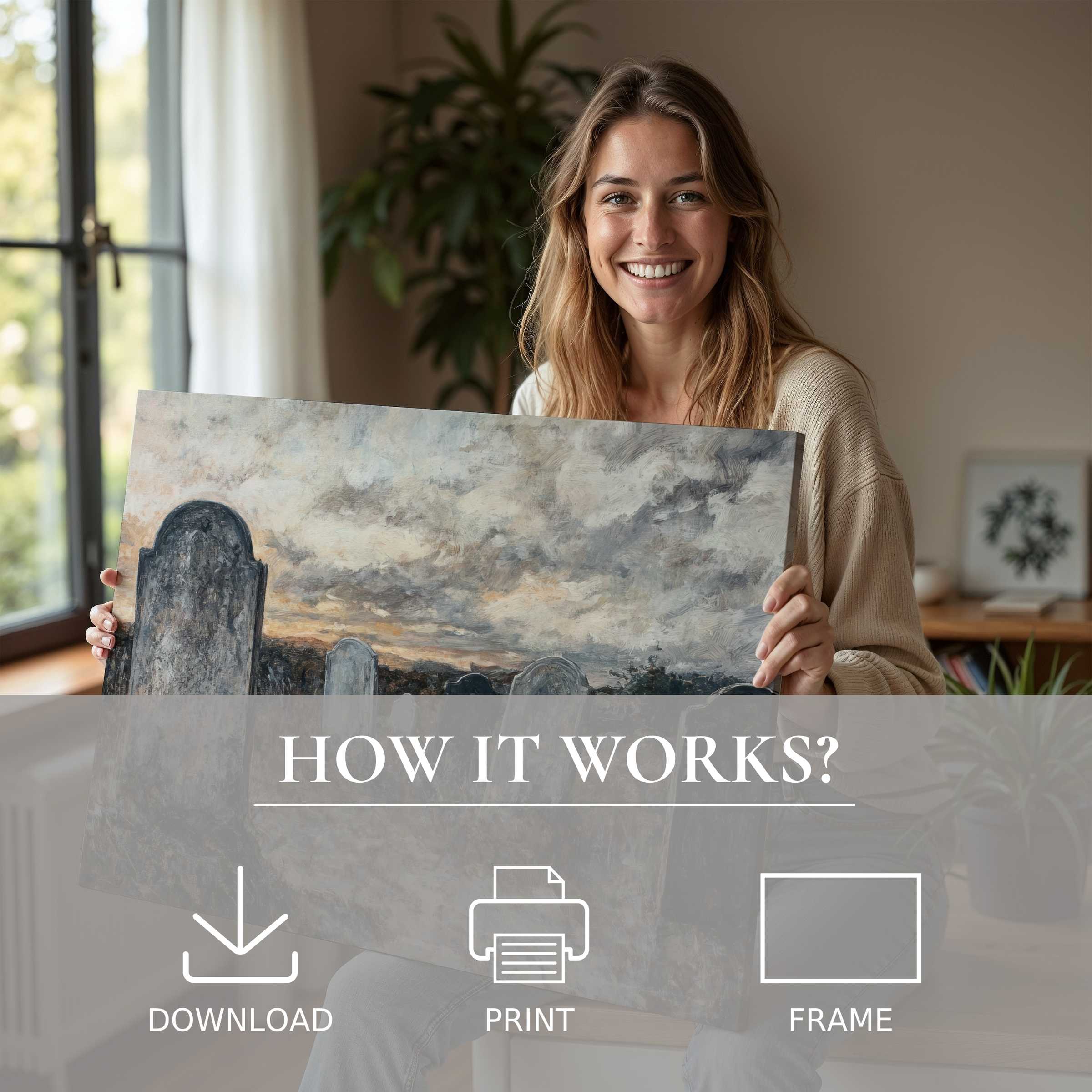 A joyful moment in a modern home, embracing the serene beauty of a Halloween digital art print that transforms space with ease