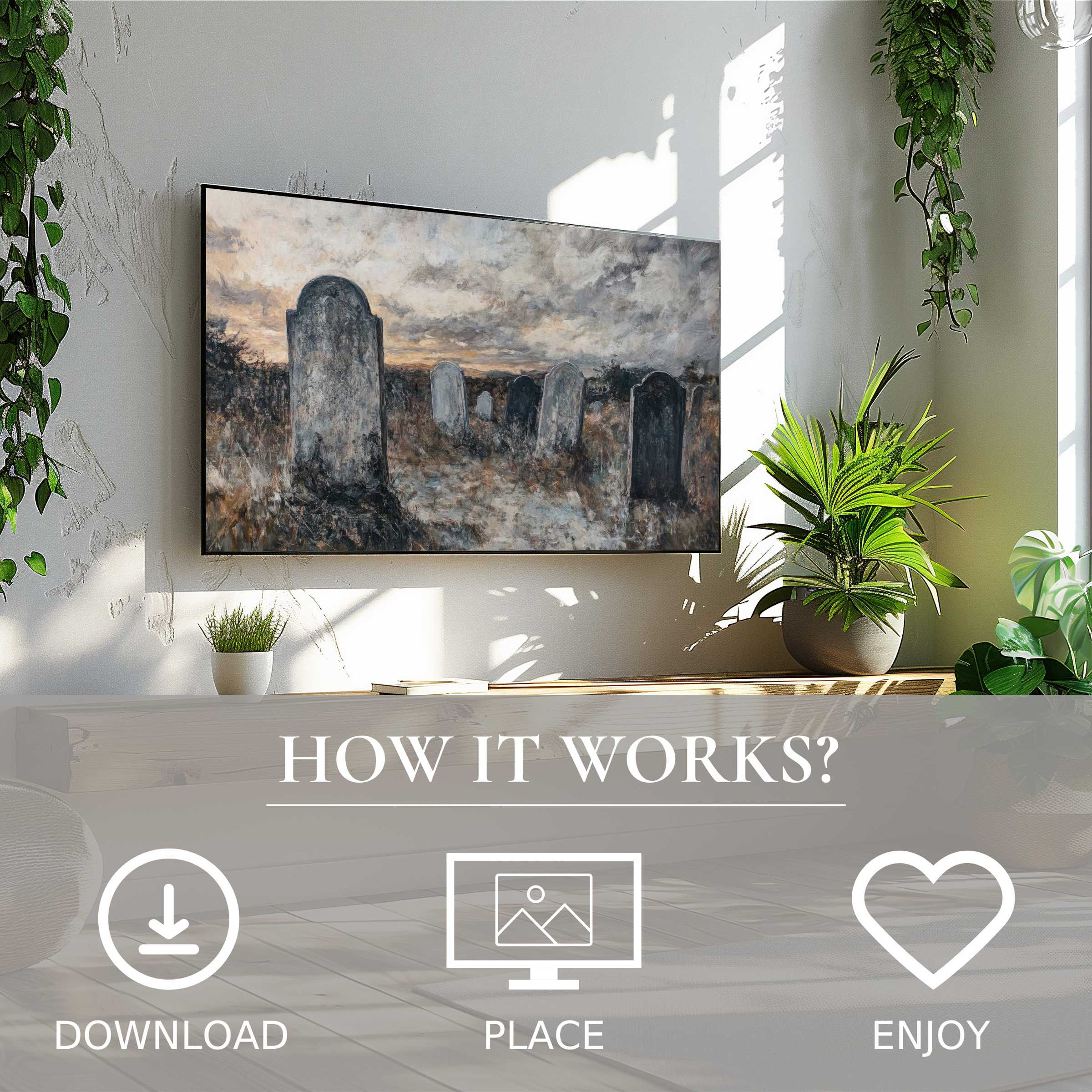 Modern living room with easy digital download Halloween art for Samsung TV showing moody graveyard hues