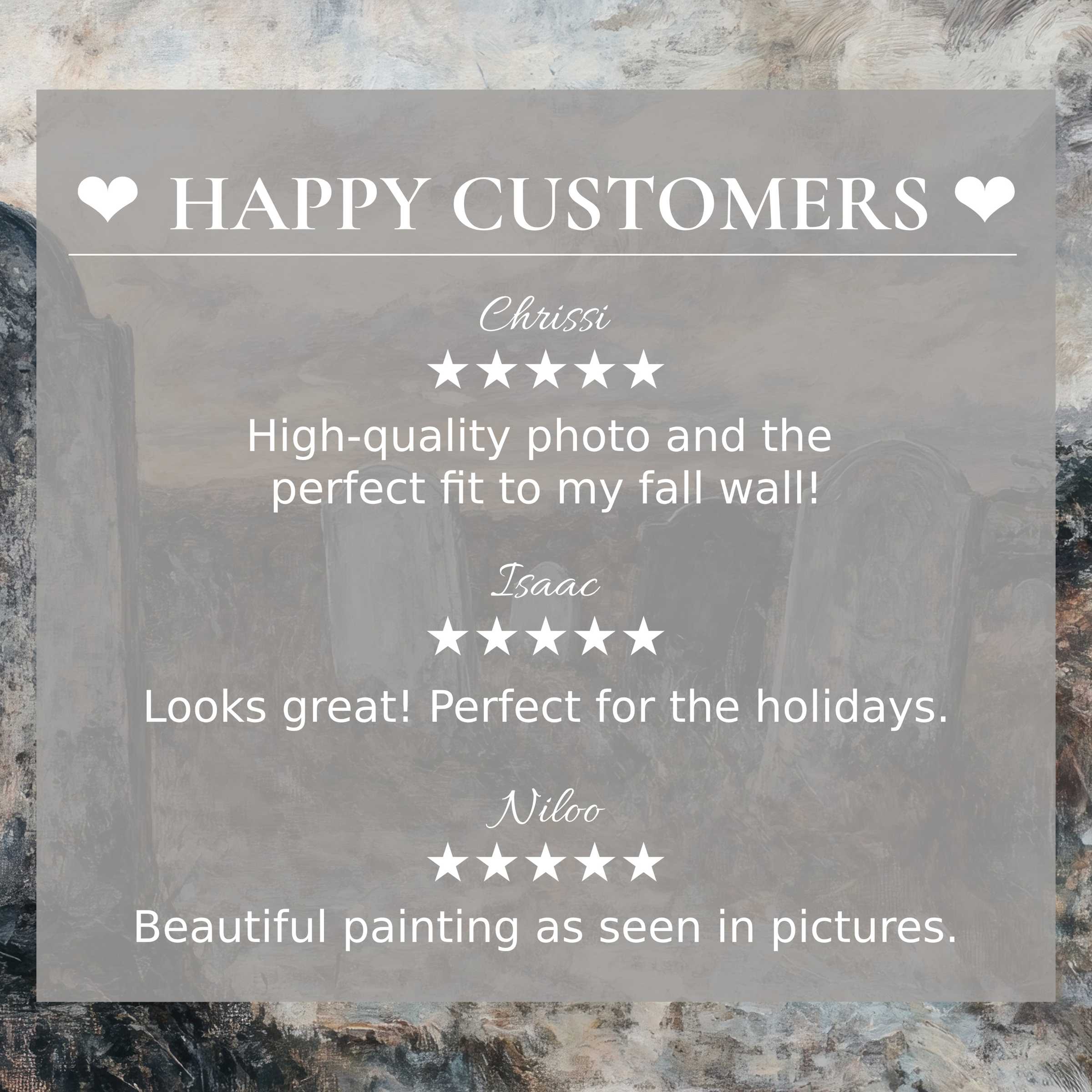 Elegant halloween art for Frame TV with muted graveyard hues, showcasing happy customer reviews that inspire trust
