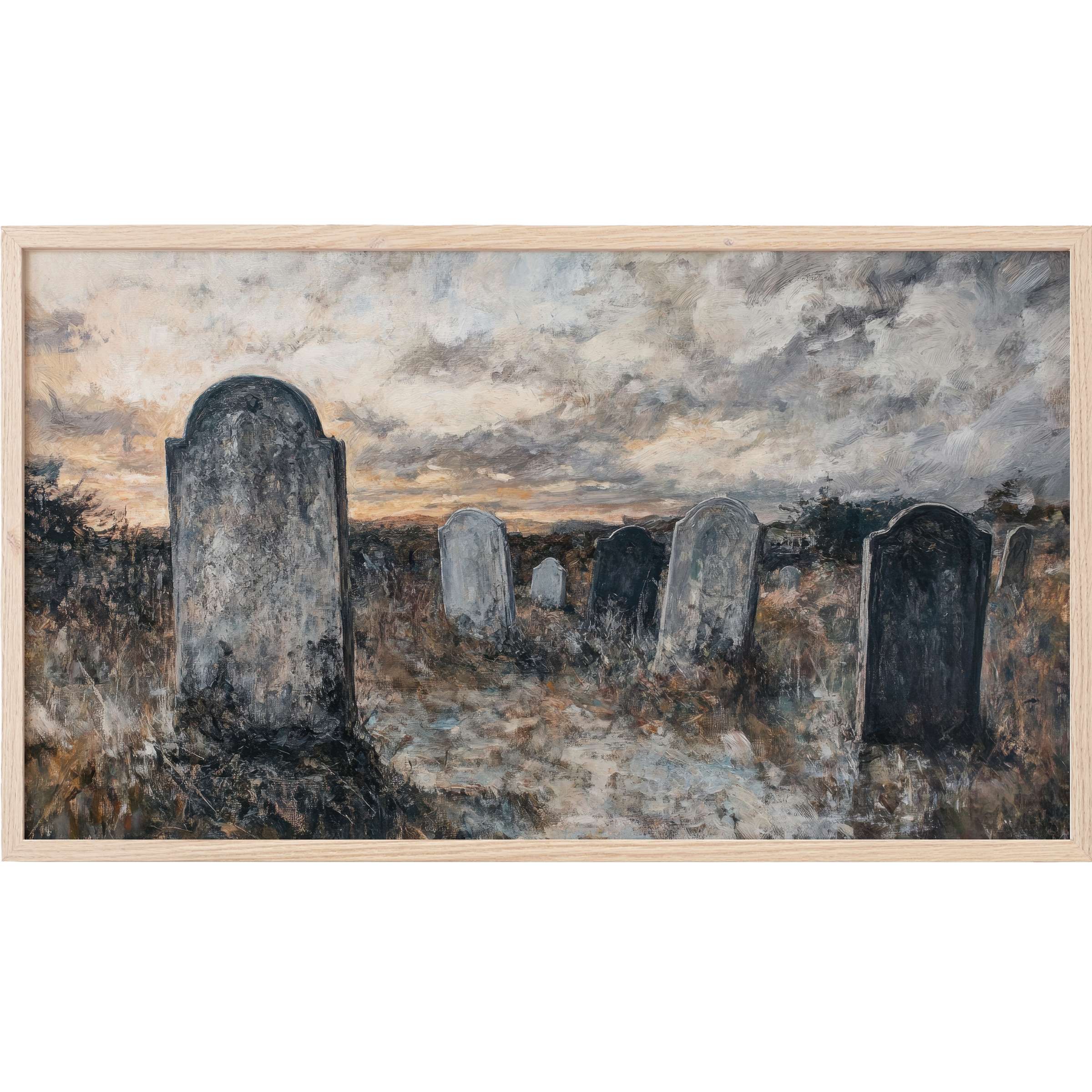 Haunting twilight cemetery scene in muted grays and browns, textured brushstrokes in elegant halloween Frame TV Art