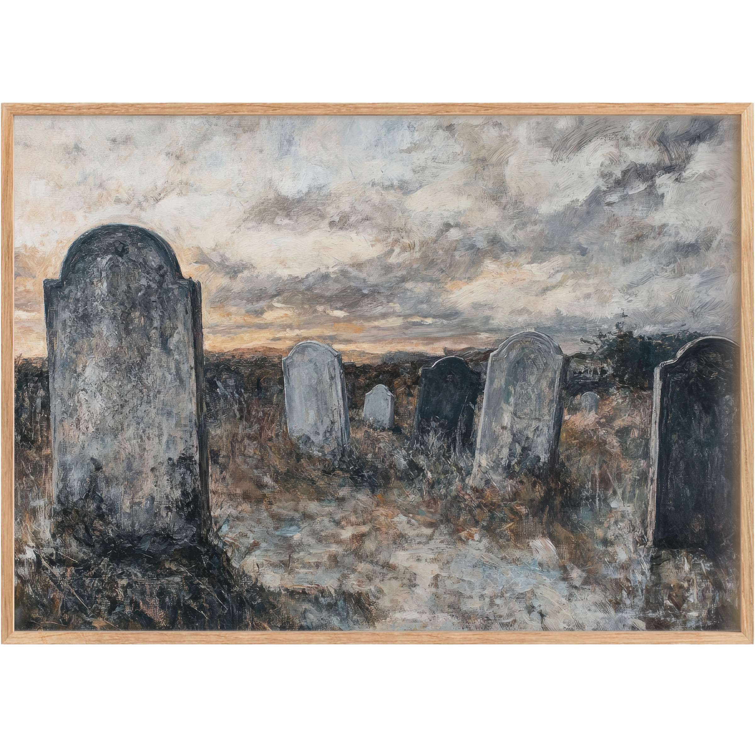Hauntingly beautiful halloween printable wall art in muted grays and warm earth tones, evoking a moody, atmospheric twilight