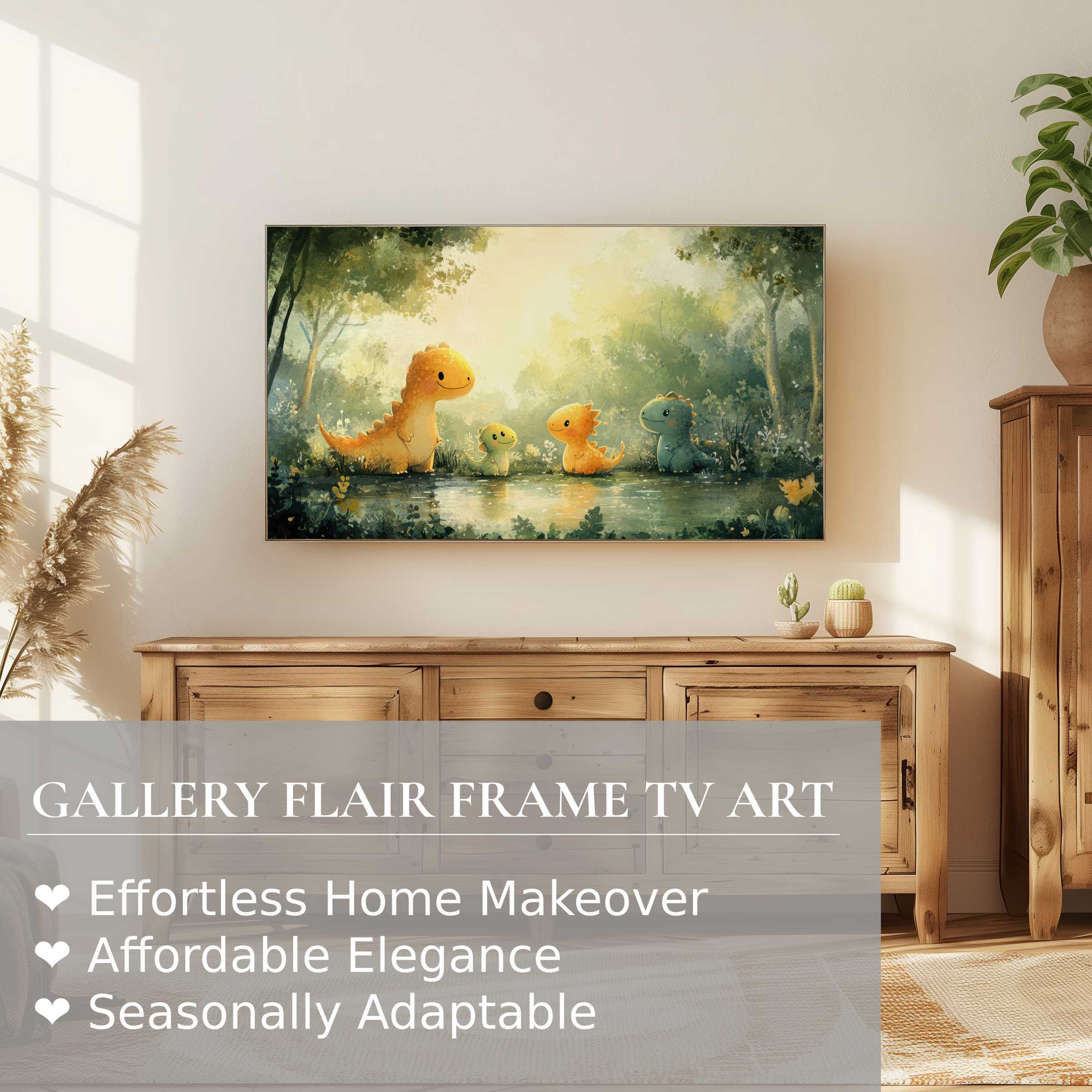Samsung Frame TV displaying charming nursery digital artwork of whimsical dinosaurs in a serene forest setting