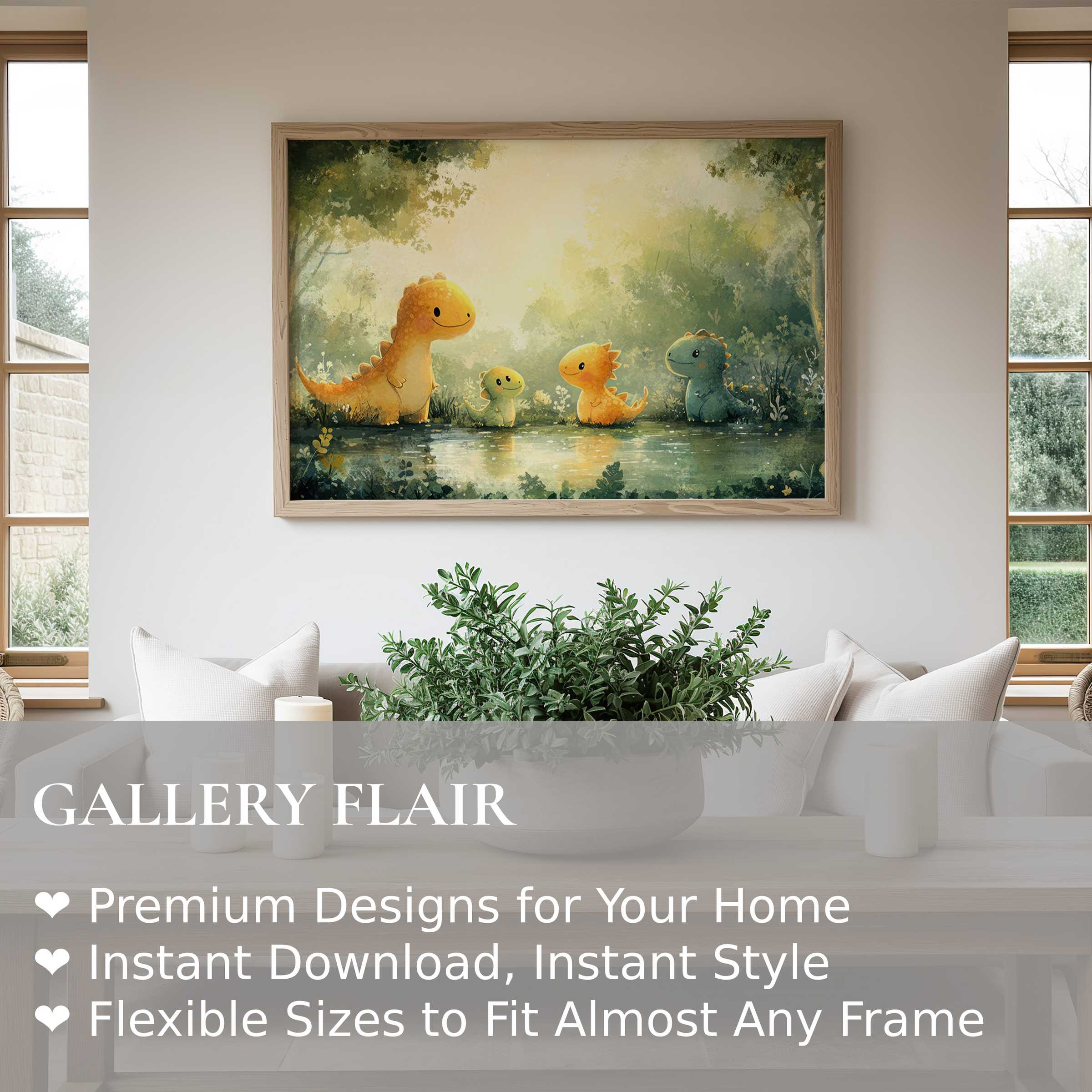 Nursery wall art print featuring radiant, whimsical dinosaur family in a soft, calming woodland scene, enhancing serene, modern nursery decor